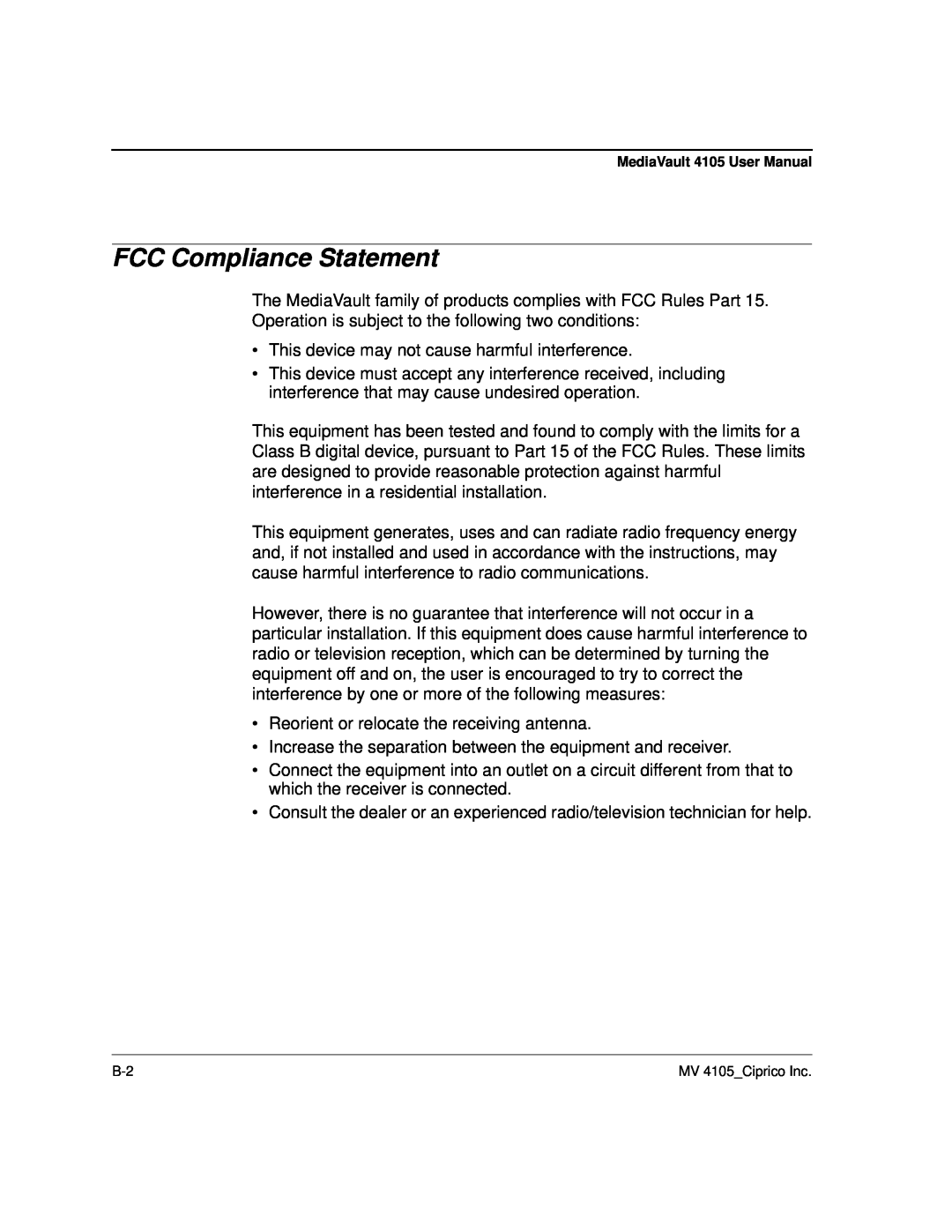Ciprico 4105 Series user manual FCC Compliance Statement 