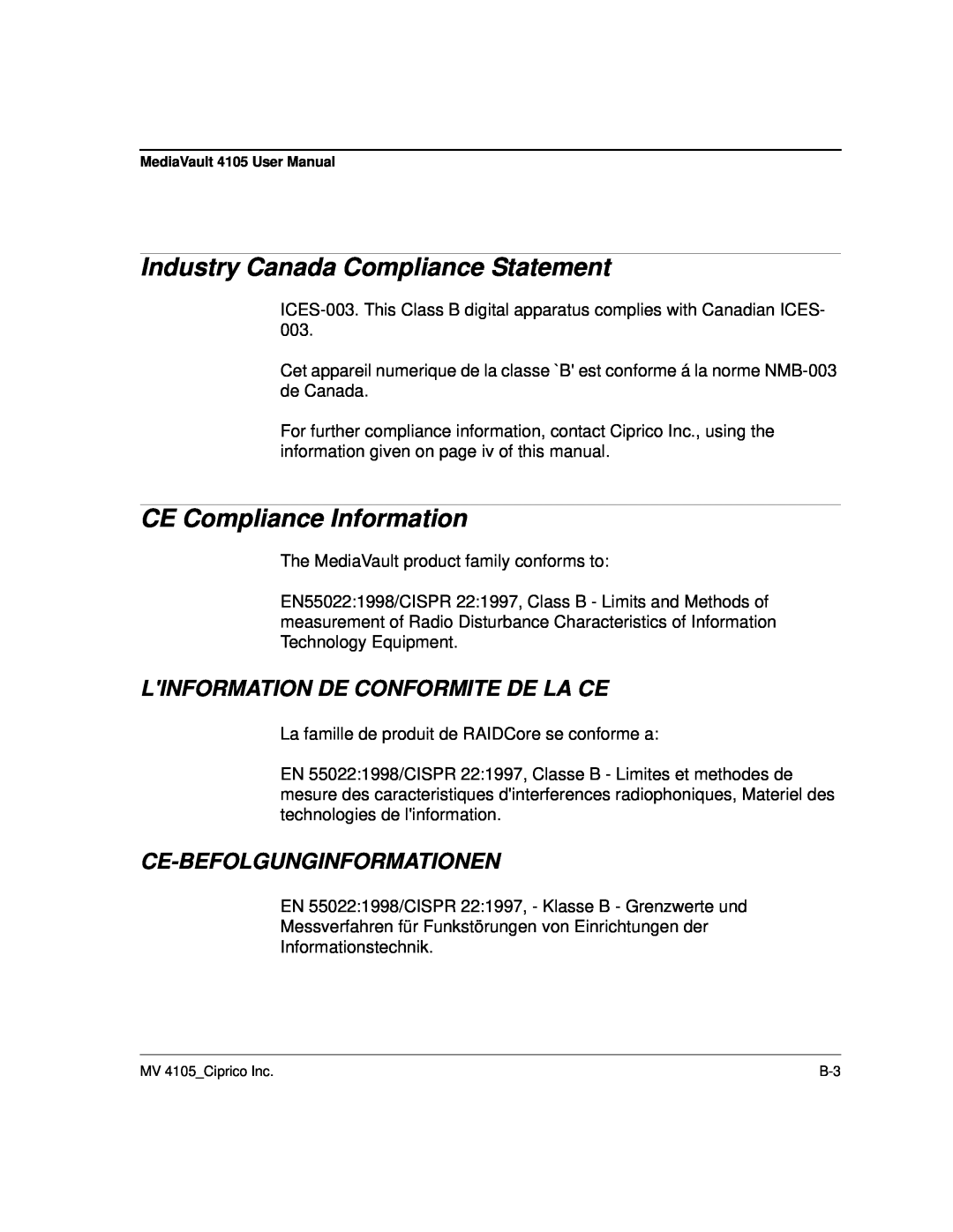 Ciprico 4105 Series Industry Canada Compliance Statement, CE Compliance Information, Linformation De Conformite De La Ce 