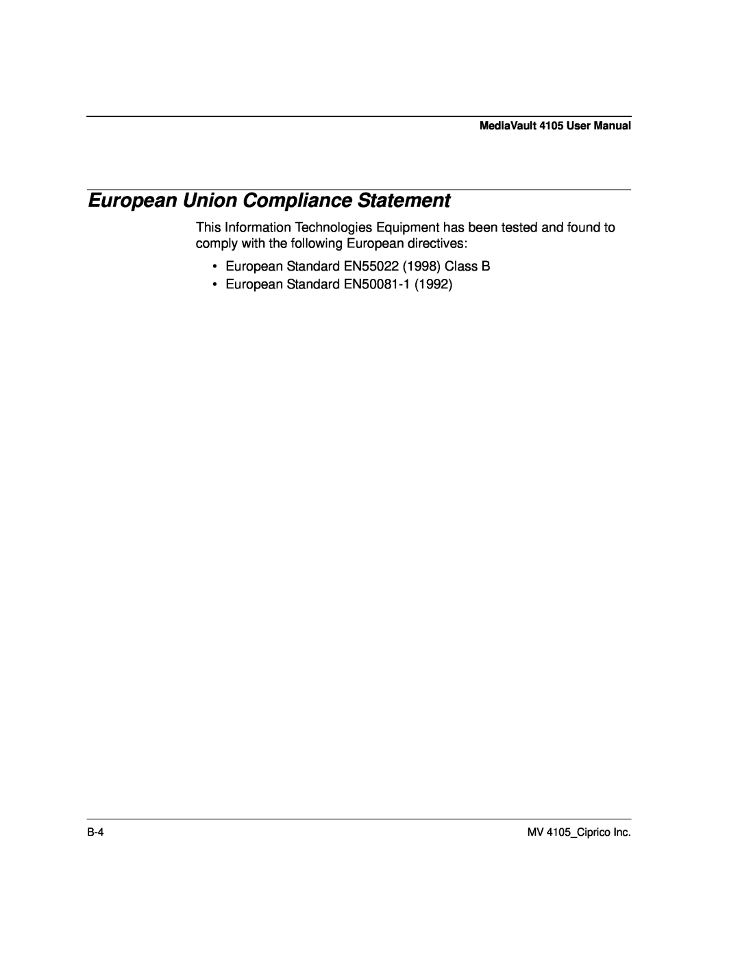 Ciprico 4105 Series user manual European Union Compliance Statement 