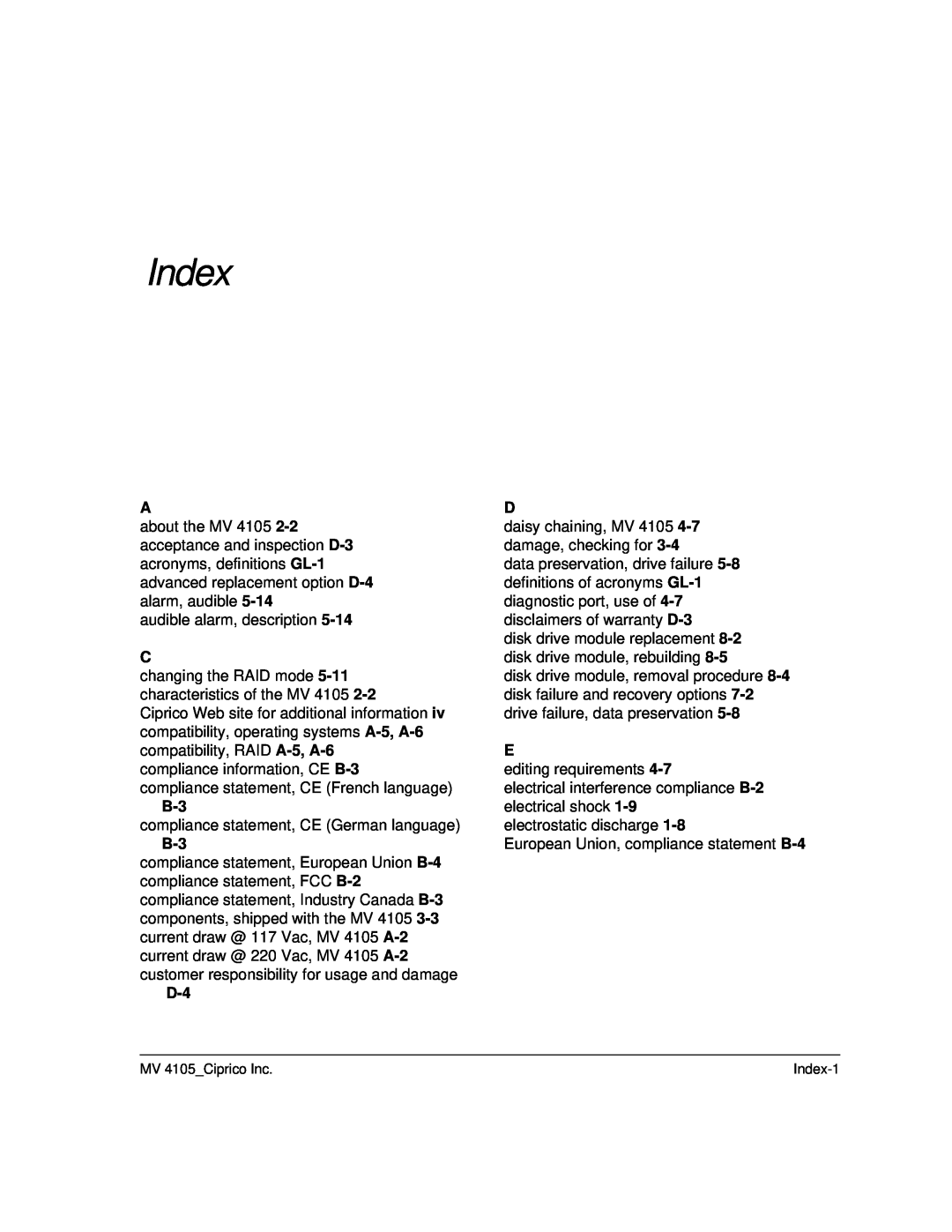 Ciprico 4105 Series user manual Index 
