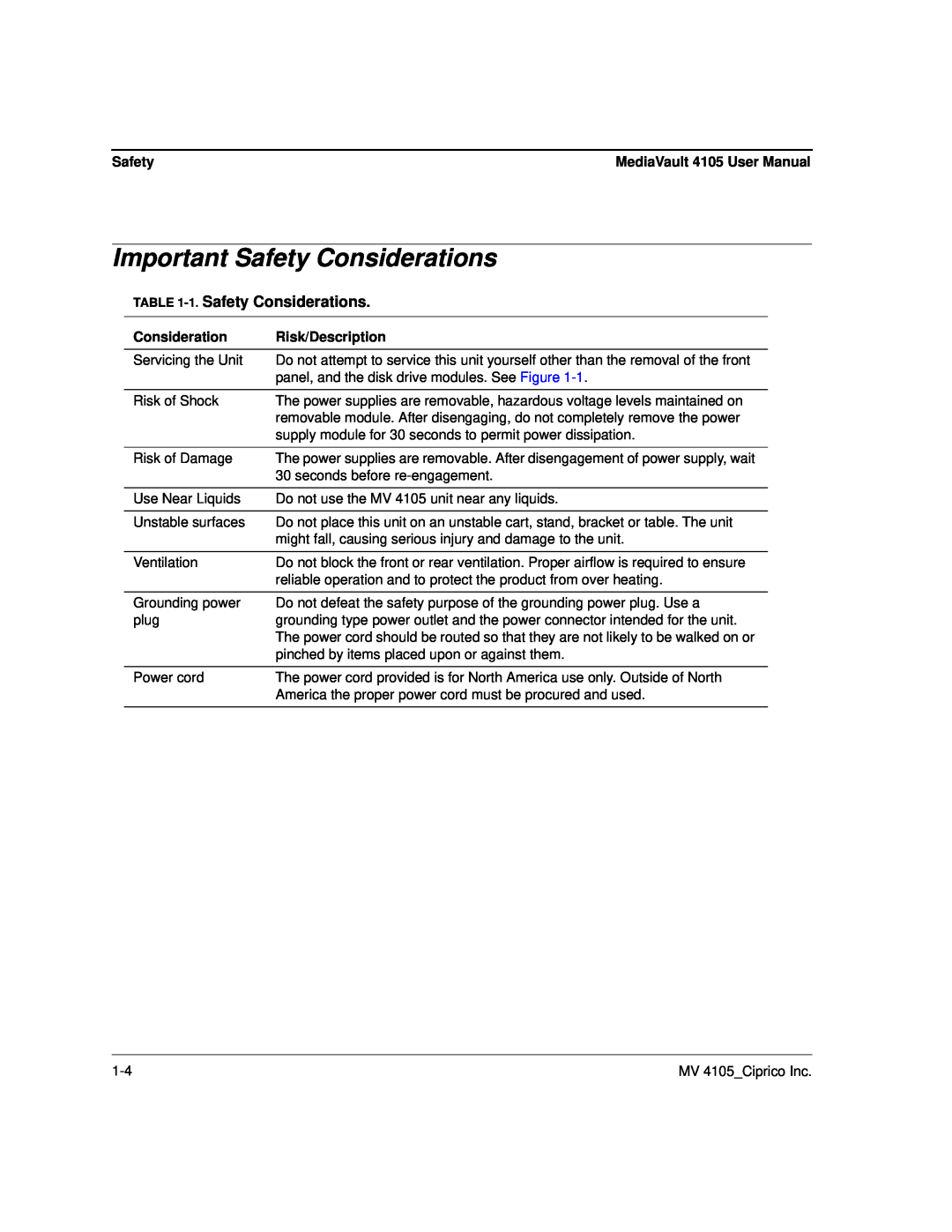 Ciprico 4105 Series user manual Important Safety Considerations, 1. Safety Considerations 