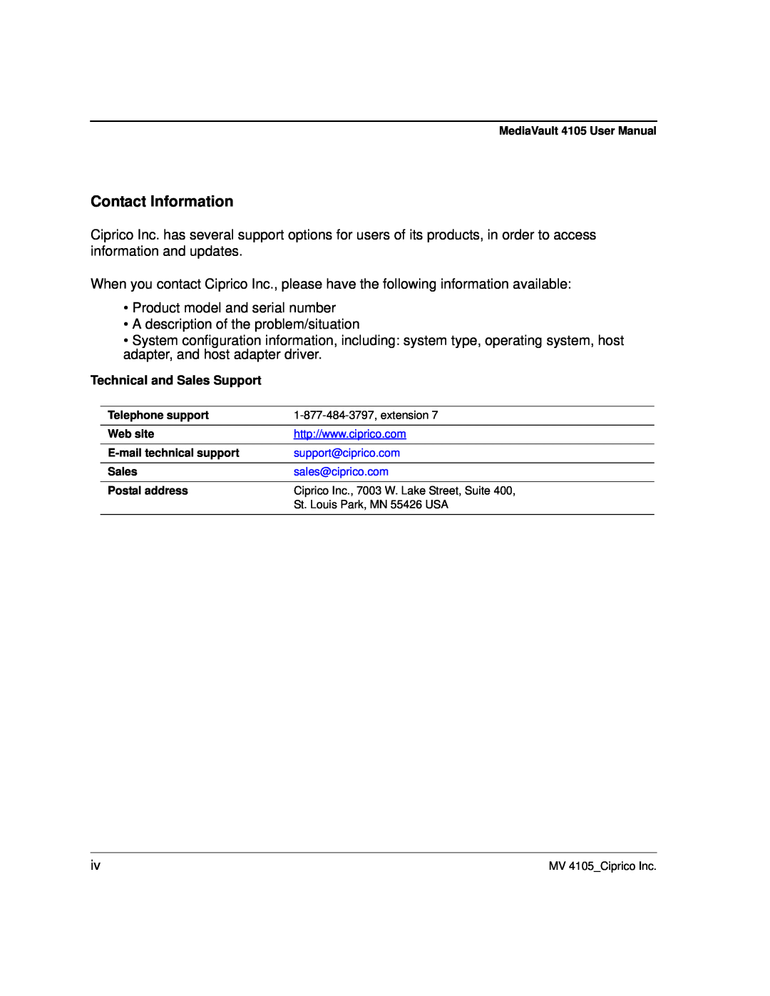 Ciprico 4105 Series user manual Contact Information 