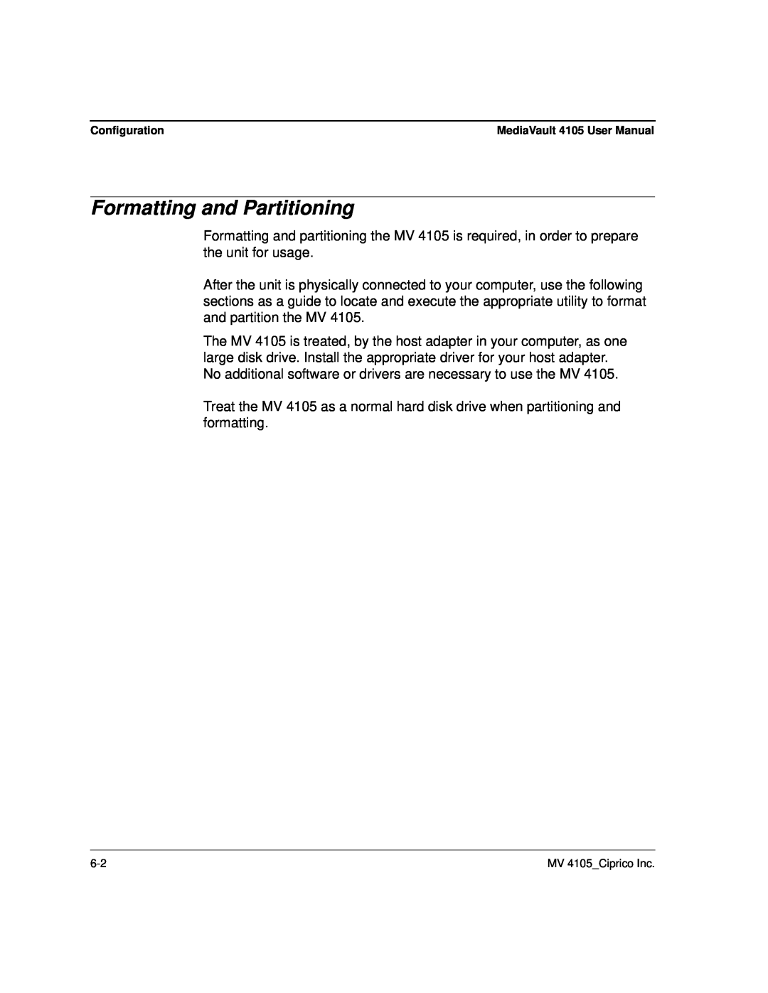 Ciprico 4105 Series user manual Formatting and Partitioning, Configuration 