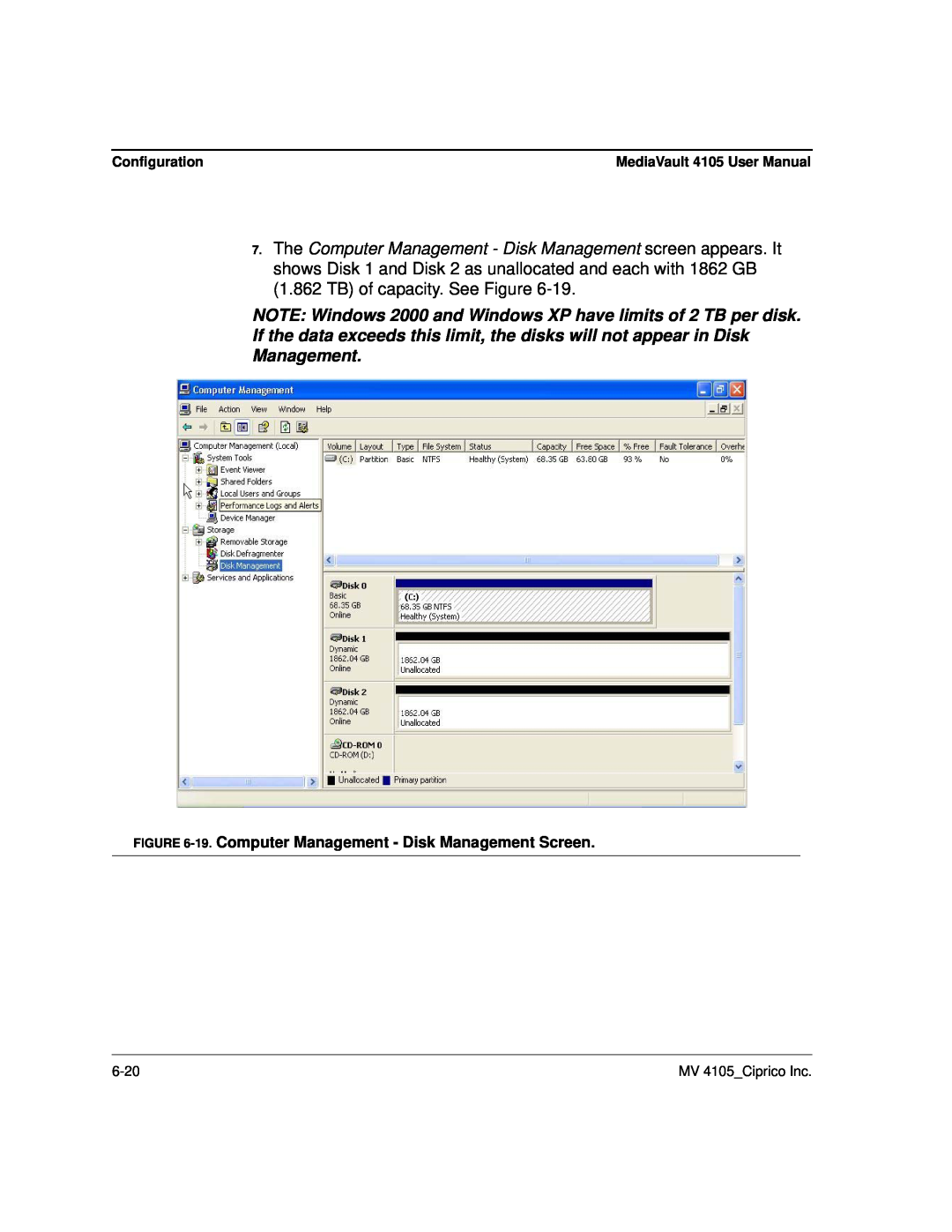 Ciprico 4105 Series user manual 19. Computer Management - Disk Management Screen, MediaVault 4105 User Manual 