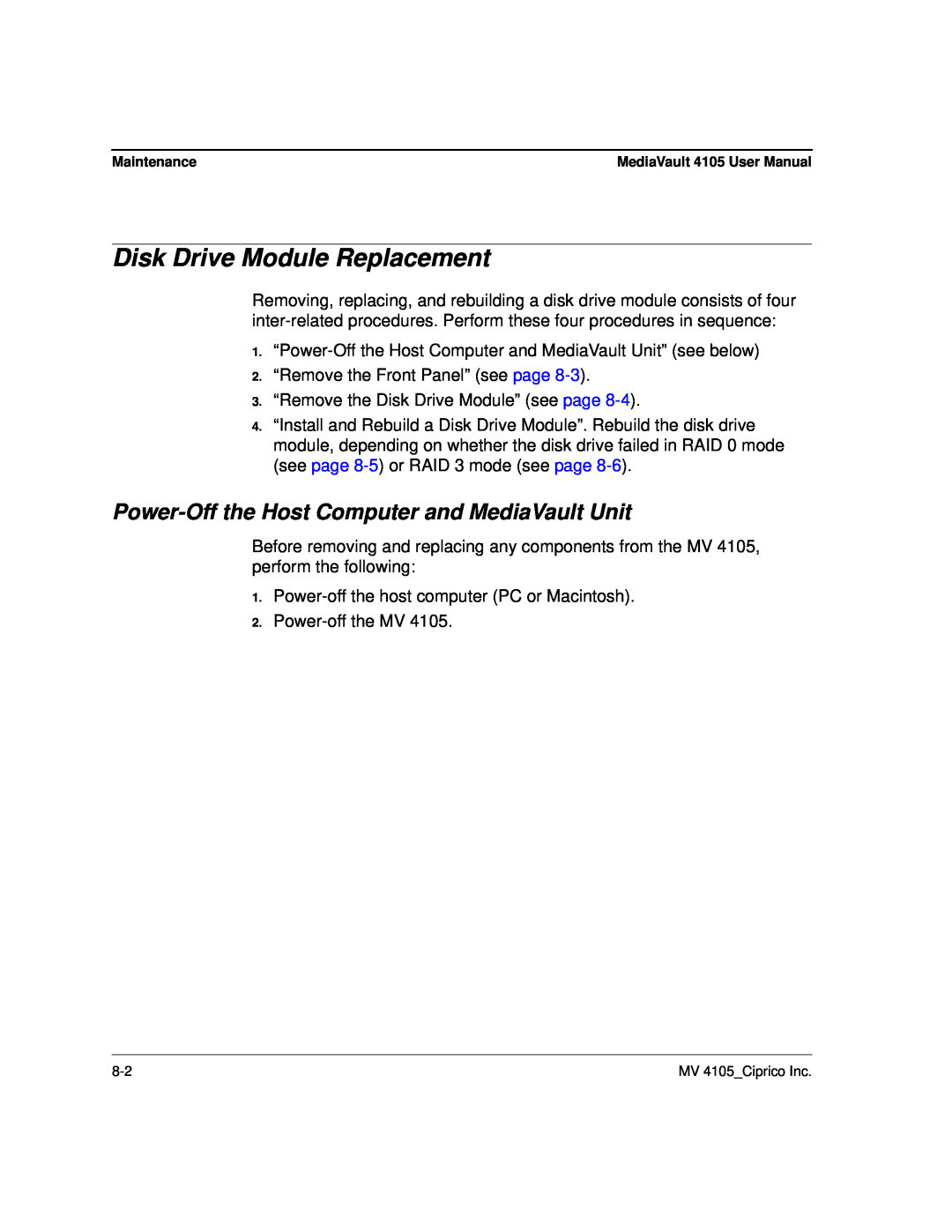 Ciprico 4105 Series user manual Disk Drive Module Replacement, Power-Off the Host Computer and MediaVault Unit 