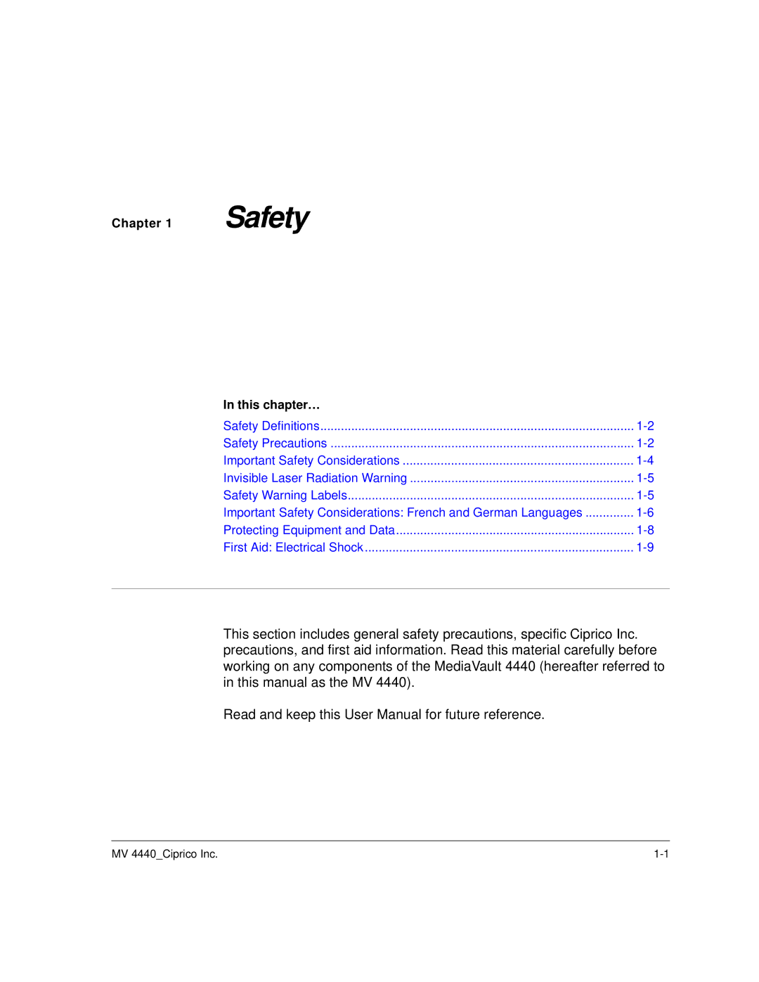 Ciprico 4400 user manual Safety, Chapter 