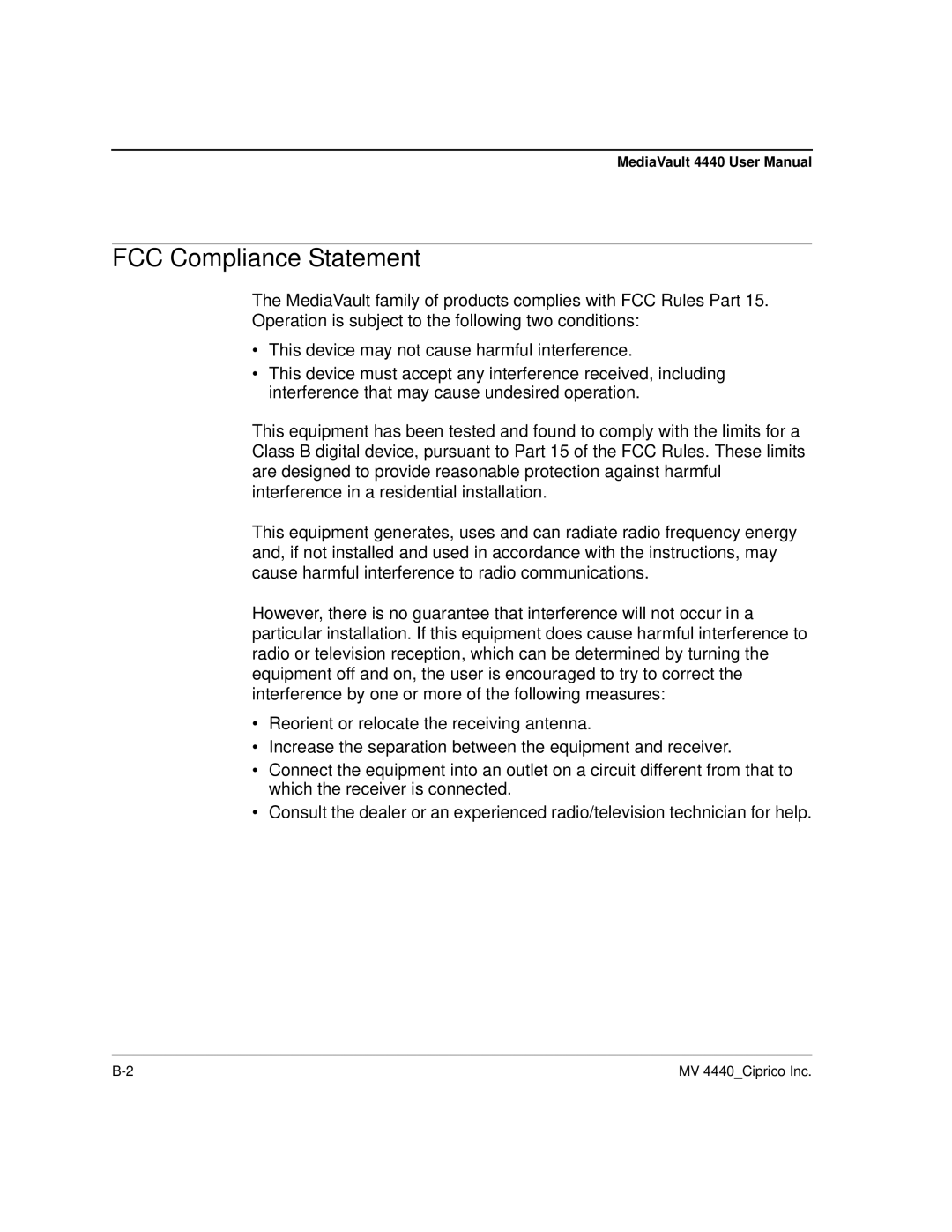 Ciprico 4400 user manual FCC Compliance Statement 