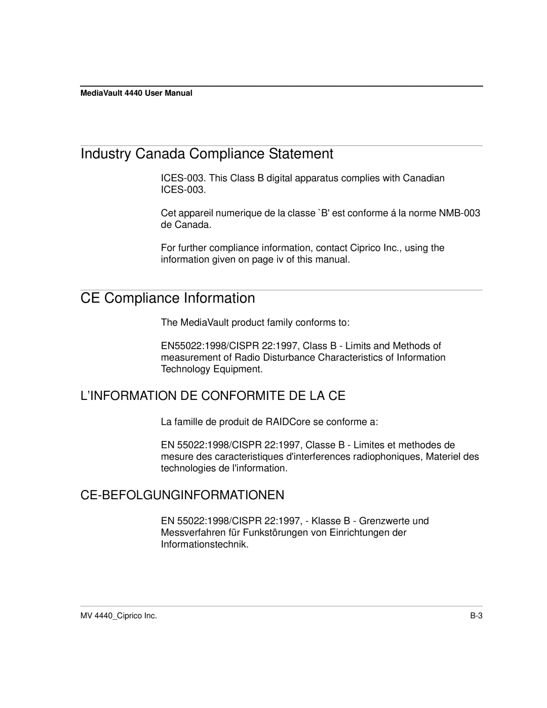 Ciprico 4400 user manual Industry Canada Compliance Statement, CE Compliance Information 