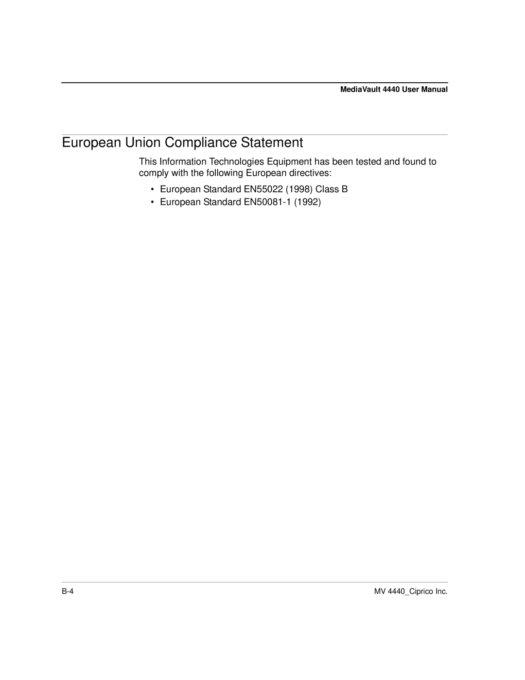 Ciprico 4400 user manual European Union Compliance Statement 