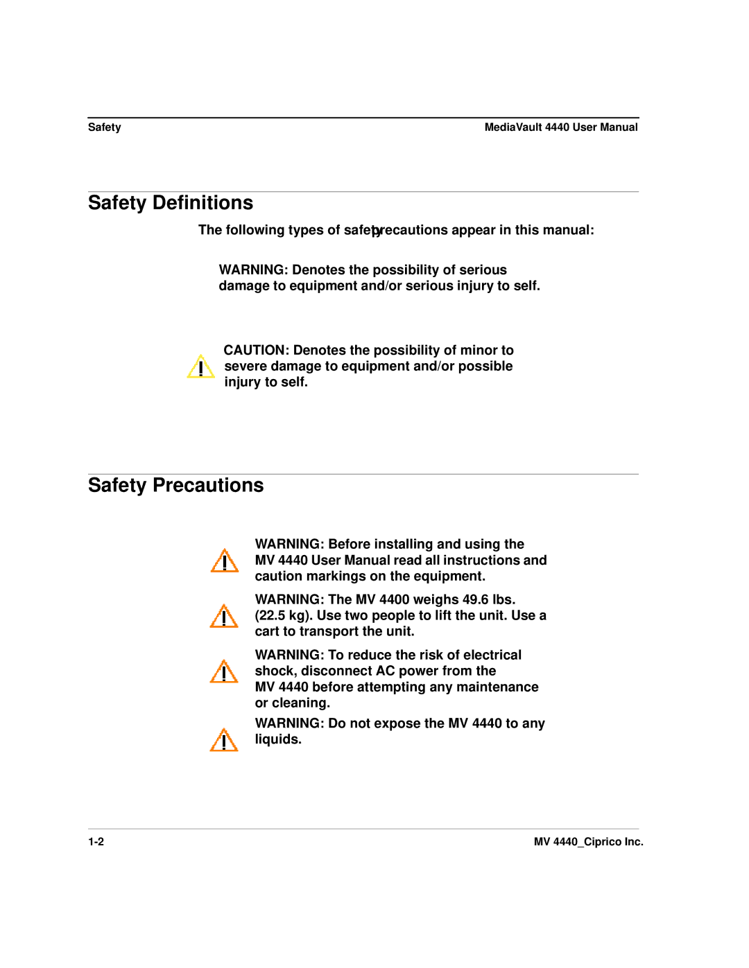 Ciprico 4400 user manual Safety Definitions, Safety Precautions 