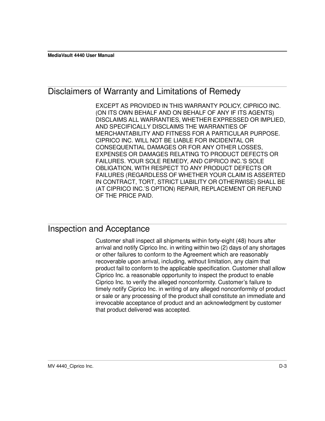 Ciprico 4400 user manual Disclaimers of Warranty and Limitations of Remedy, Inspection and Acceptance 