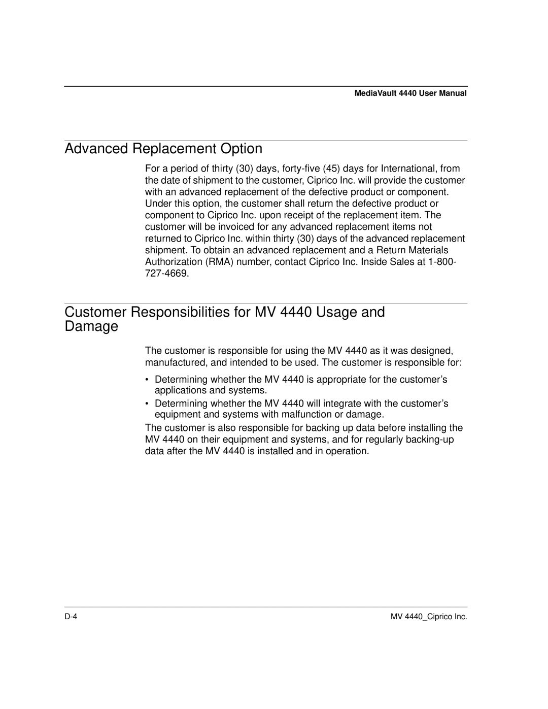 Ciprico 4400 user manual Advanced Replacement Option, Customer Responsibilities for MV 4440 Usage and Damage 