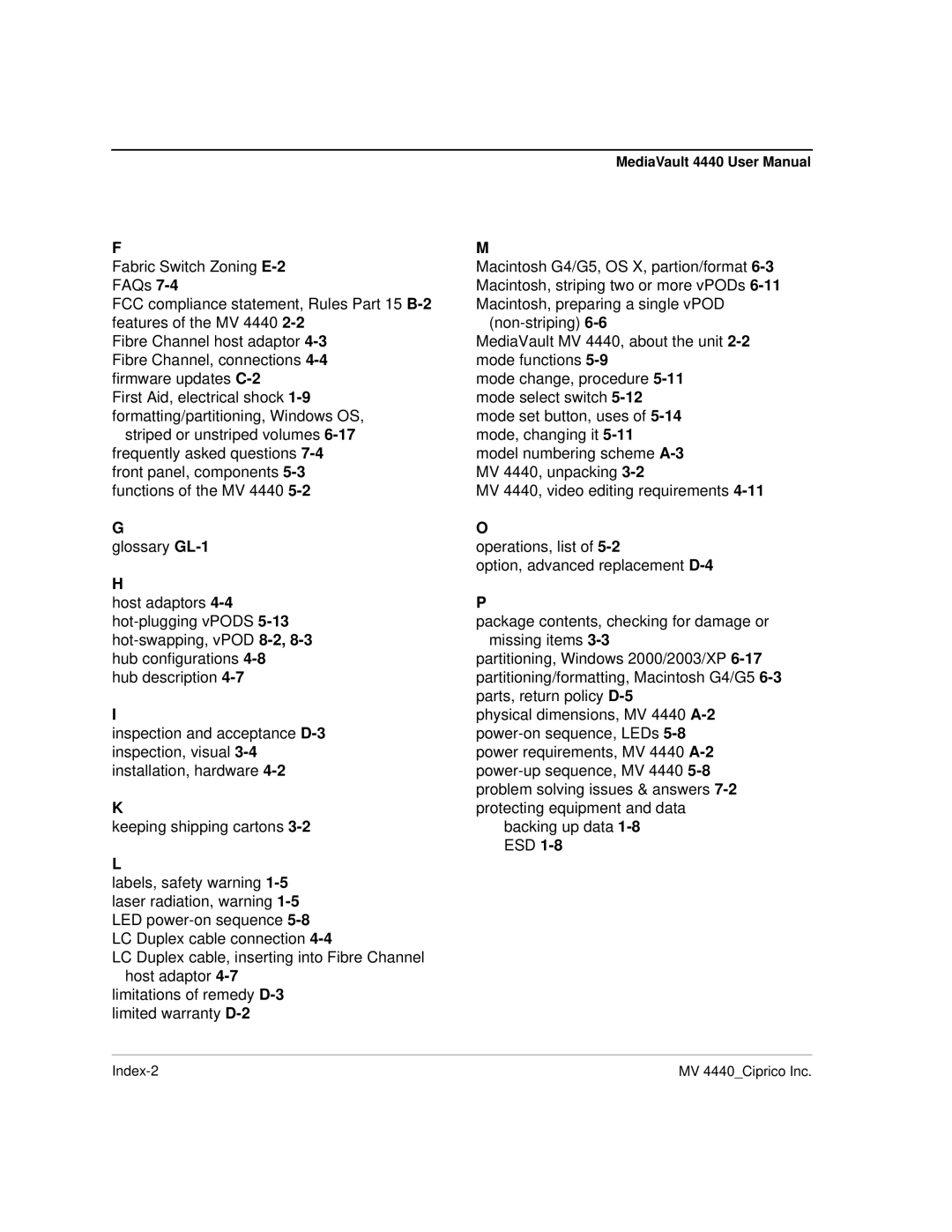 Ciprico 4400 user manual Index-2 