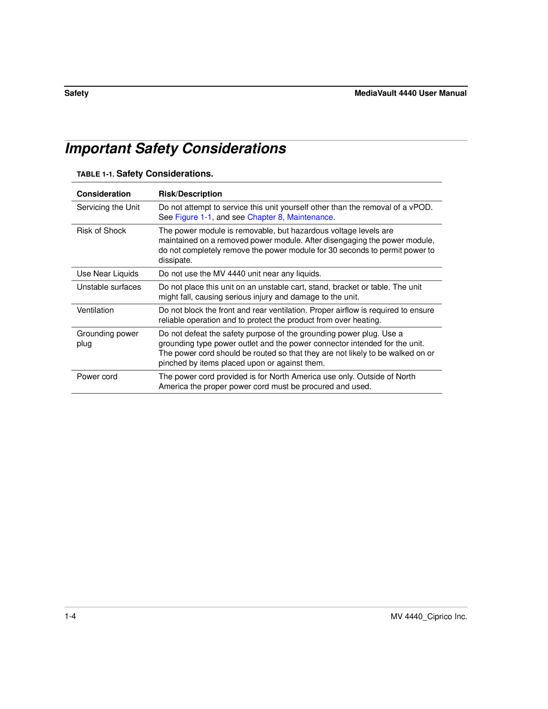 Ciprico 4400 user manual Important Safety Considerations, Consideration Risk/Description 