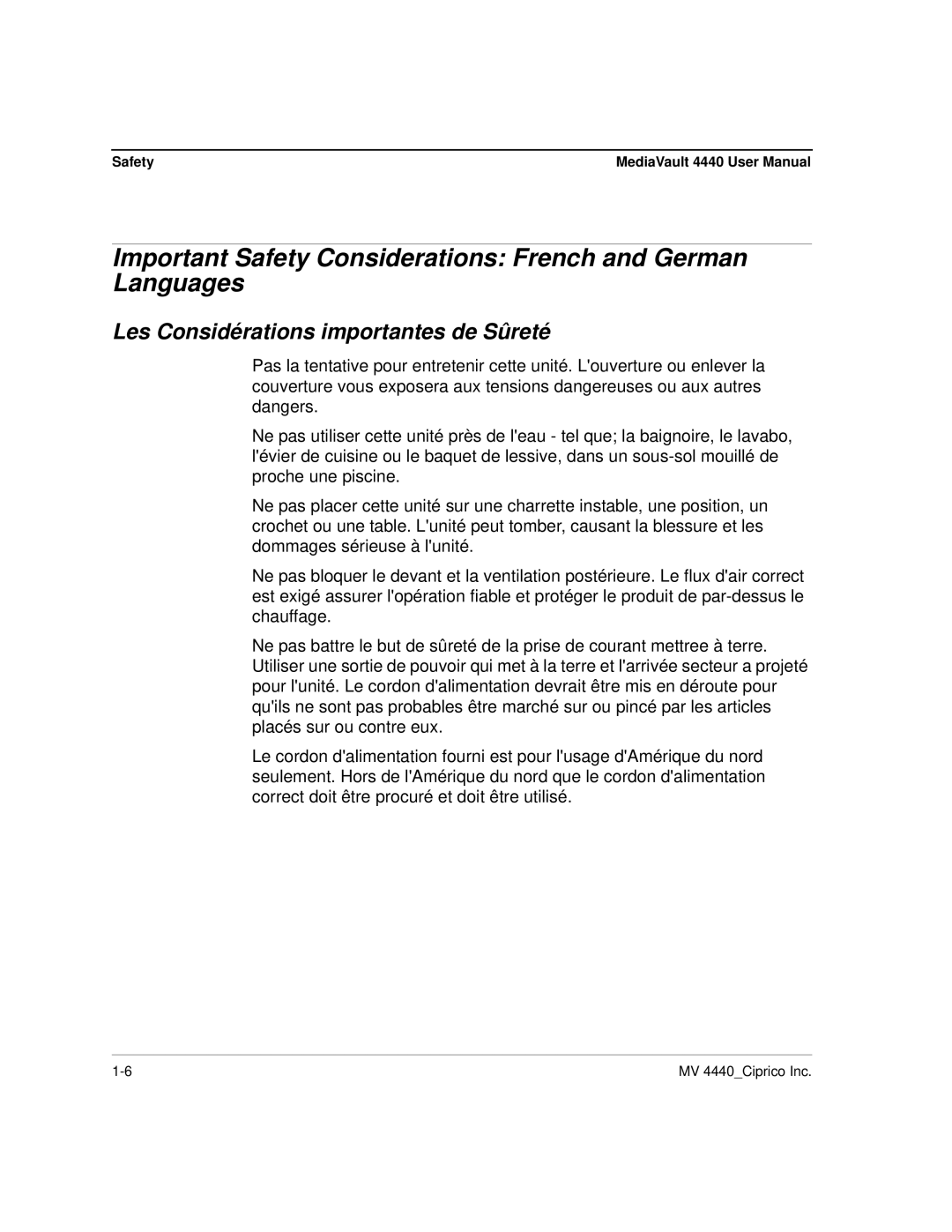 Ciprico 4400 Important Safety Considerations French and German Languages, Les Considérations importantes de Sûreté 