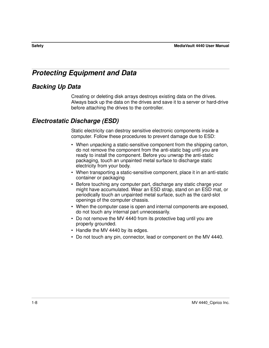 Ciprico 4400 user manual Protecting Equipment and Data, Backing Up Data, Electrostatic Discharge ESD 