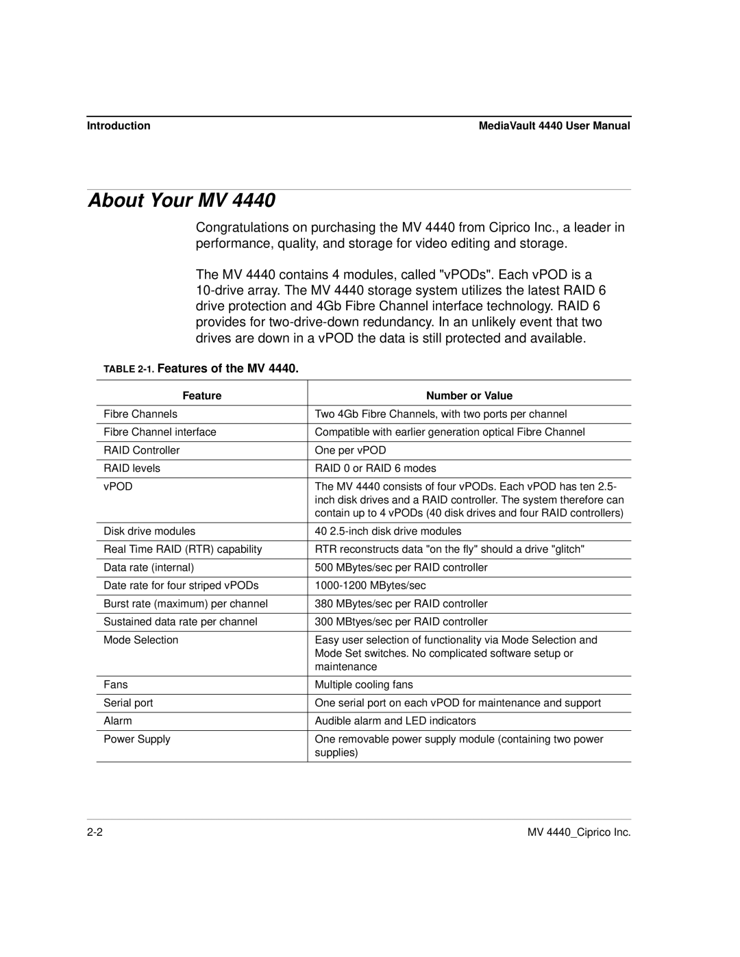 Ciprico 4400 user manual About Your MV, Features of the MV, Introduction, Feature Number or Value 