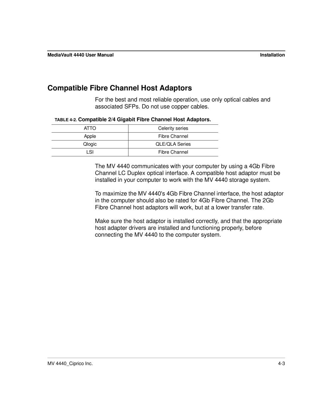 Ciprico 4400 user manual Compatible Fibre Channel Host Adaptors, Compatible 2/4 Gigabit Fibre Channel Host Adaptors 