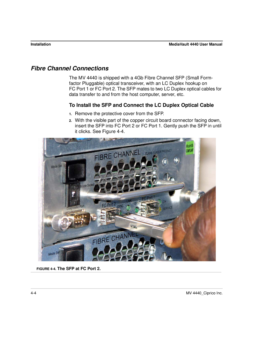 Ciprico 4400 user manual Fibre Channel Connections, SFP at FC Port 