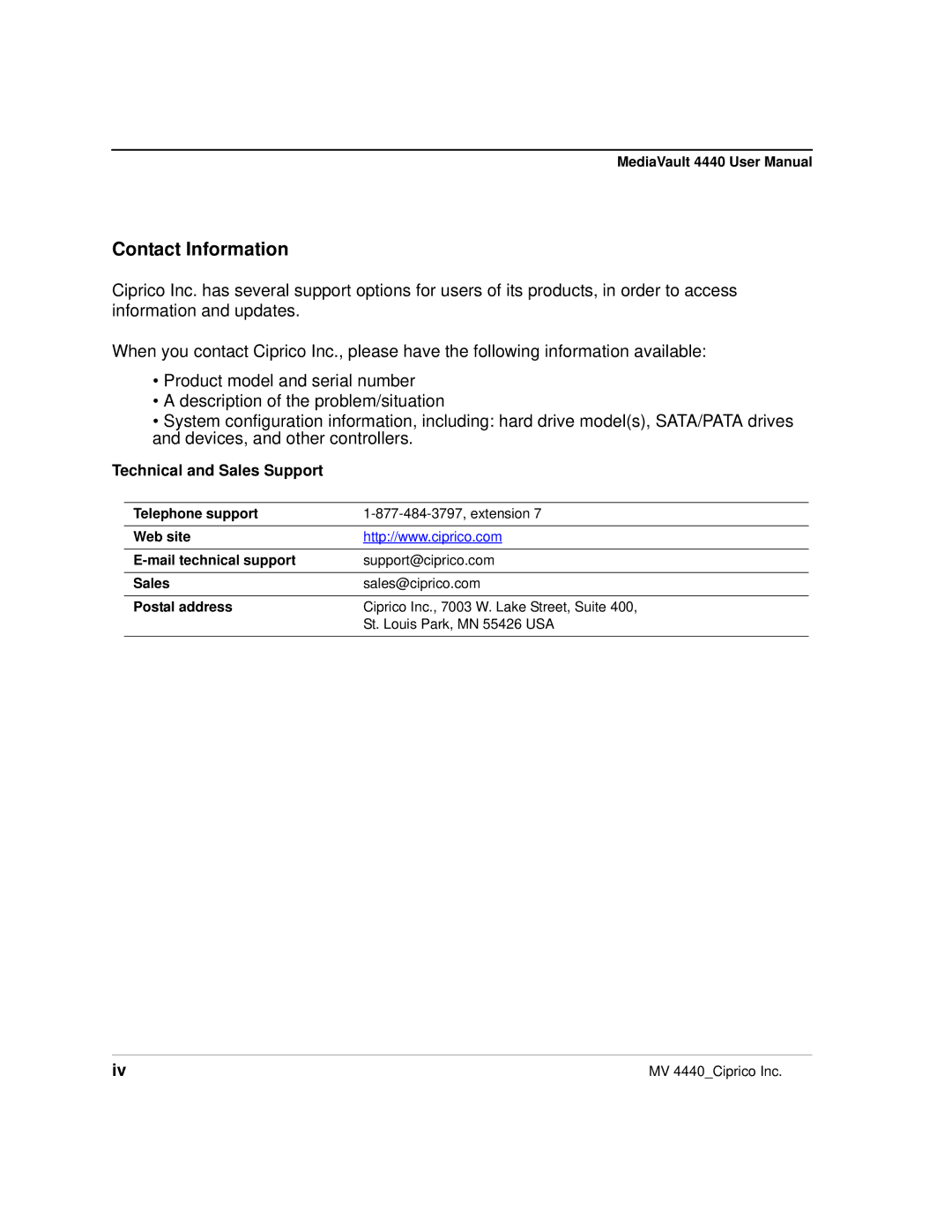 Ciprico 4400 user manual Contact Information, Technical and Sales Support 