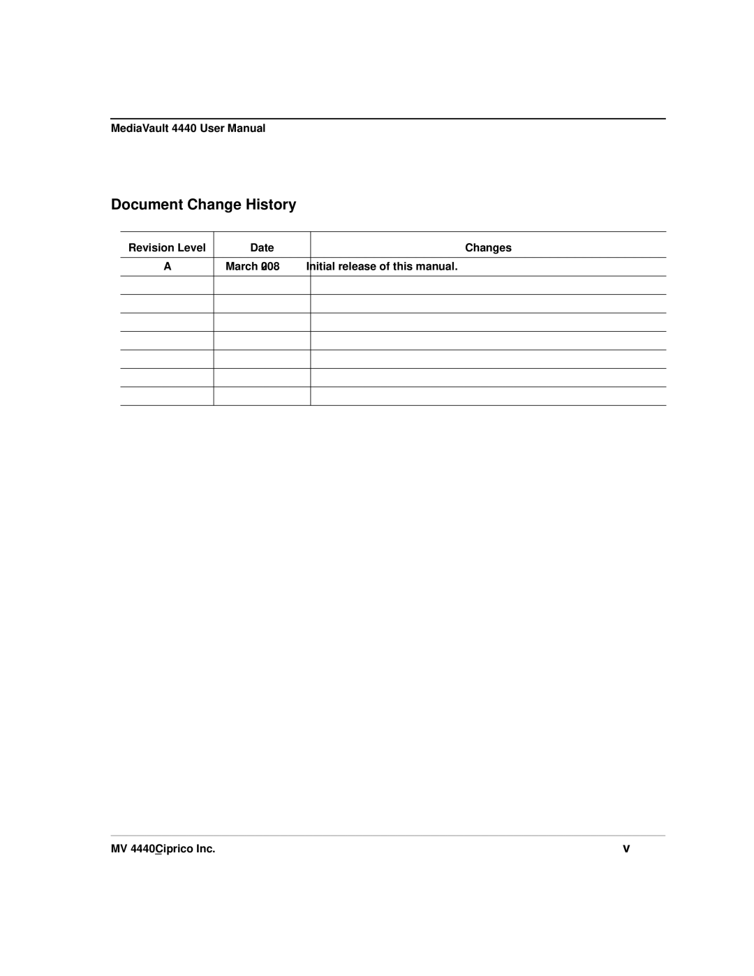 Ciprico 4400 user manual Revision Level Date Changes, Initial release of this manual 