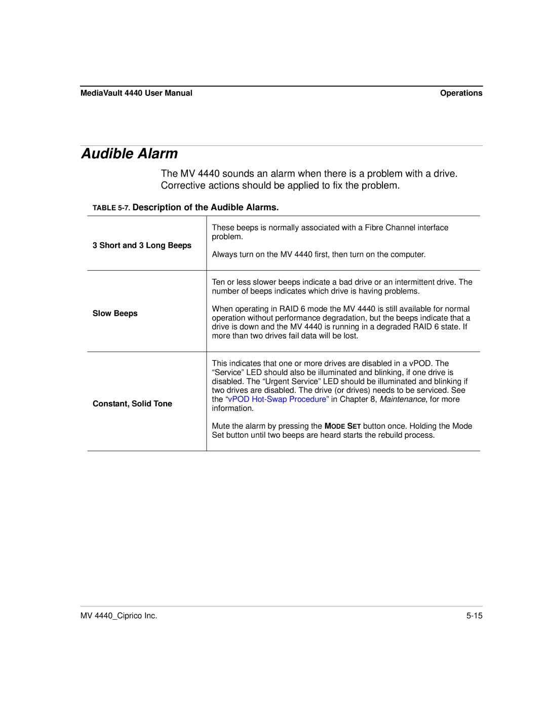 Ciprico 4400 user manual Description of the Audible Alarms, Short and 3 Long Beeps, Slow Beeps, Constant, Solid Tone 