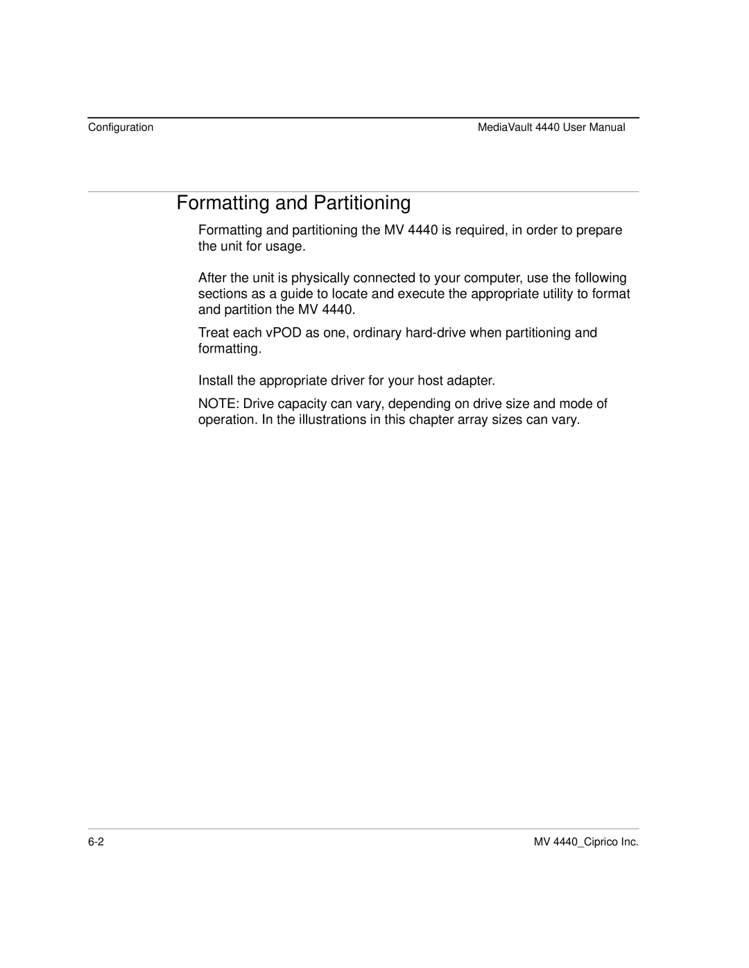 Ciprico 4400 user manual Formatting and Partitioning, Configuration 