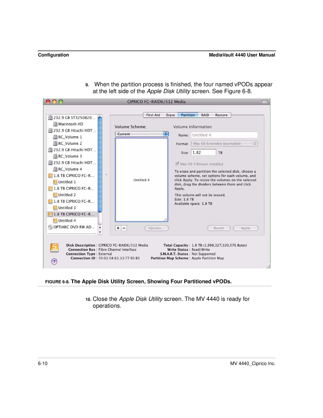 Ciprico 4400 user manual Apple Disk Utility Screen, Showing Four Partitioned vPODs 