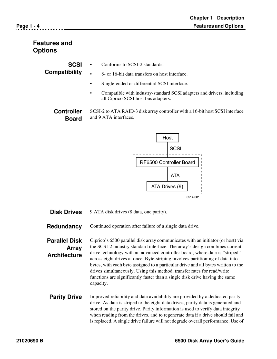 Ciprico 6500 manual Features and Options, Scsi Compatibility, Parity Drive 