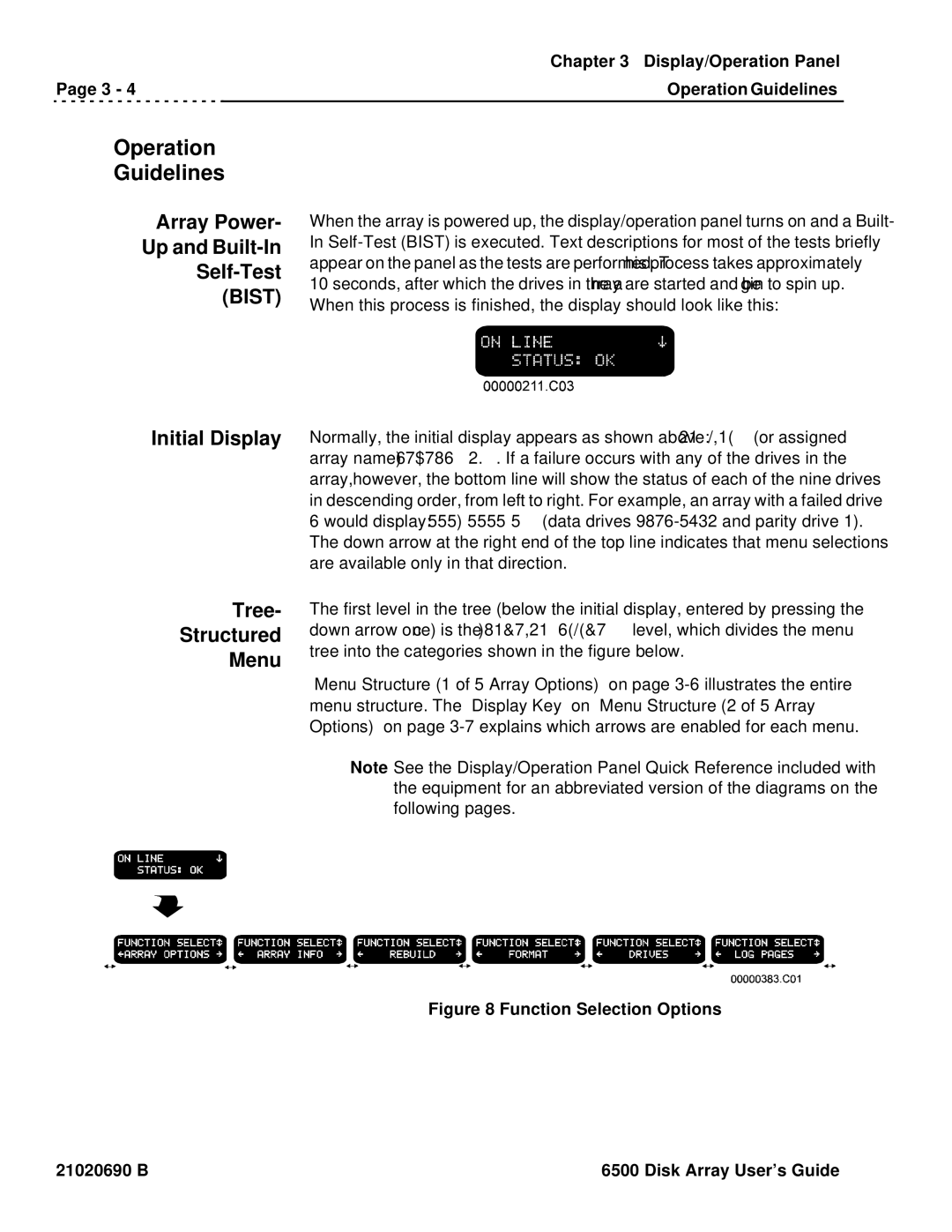 Ciprico 6500 Operation Guidelines, Array Power Up and Built-In Self-Test, Bist, Initial Display, Tree Structured Menu 