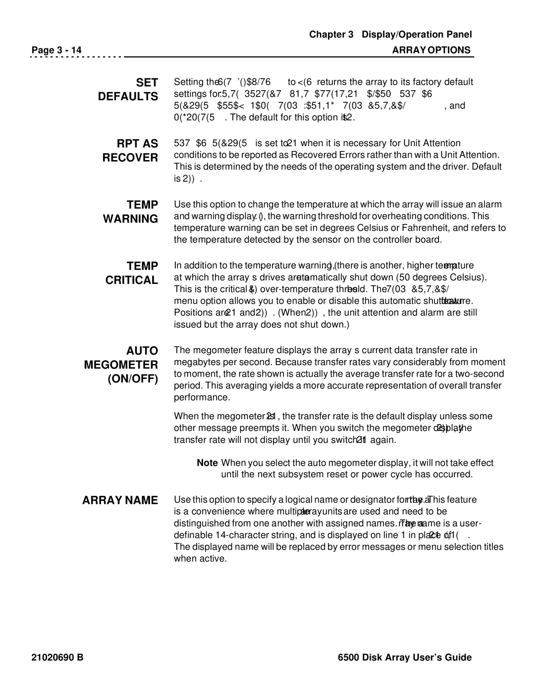Ciprico 6500 manual Set, Defaults, Rpt As, Recover, Temp, Critical, Auto, Megometer, On/Off, Array Name 