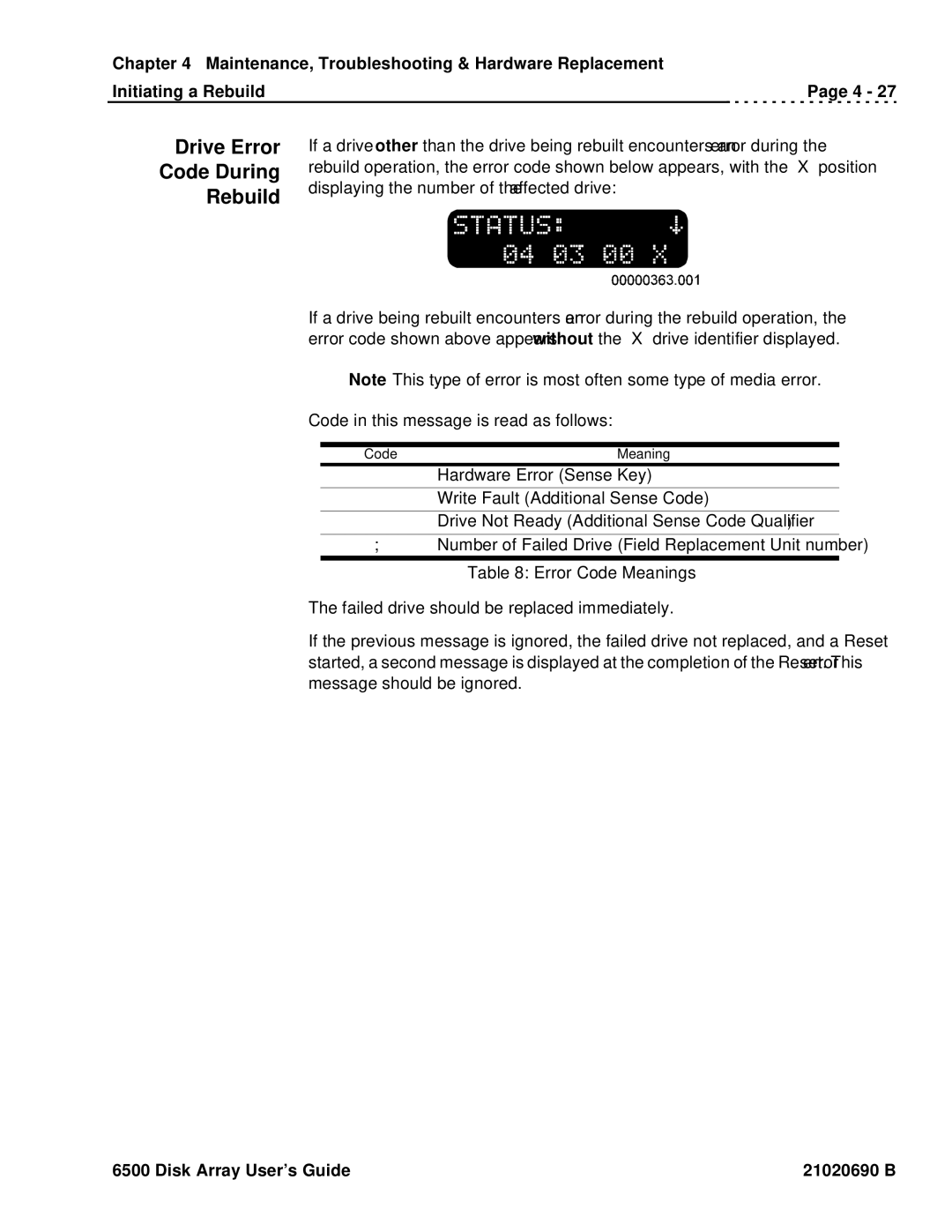 Ciprico 6500 manual Drive Error Code During Rebuild, Error Code Meanings 