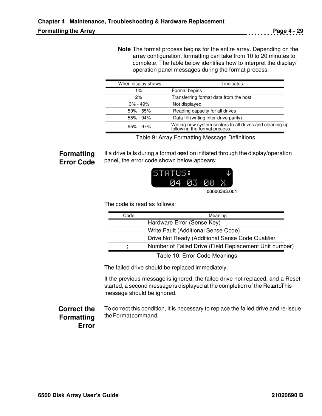 Ciprico 6500 manual Formatting Error Code Correct, Array Formatting Message Definitions 