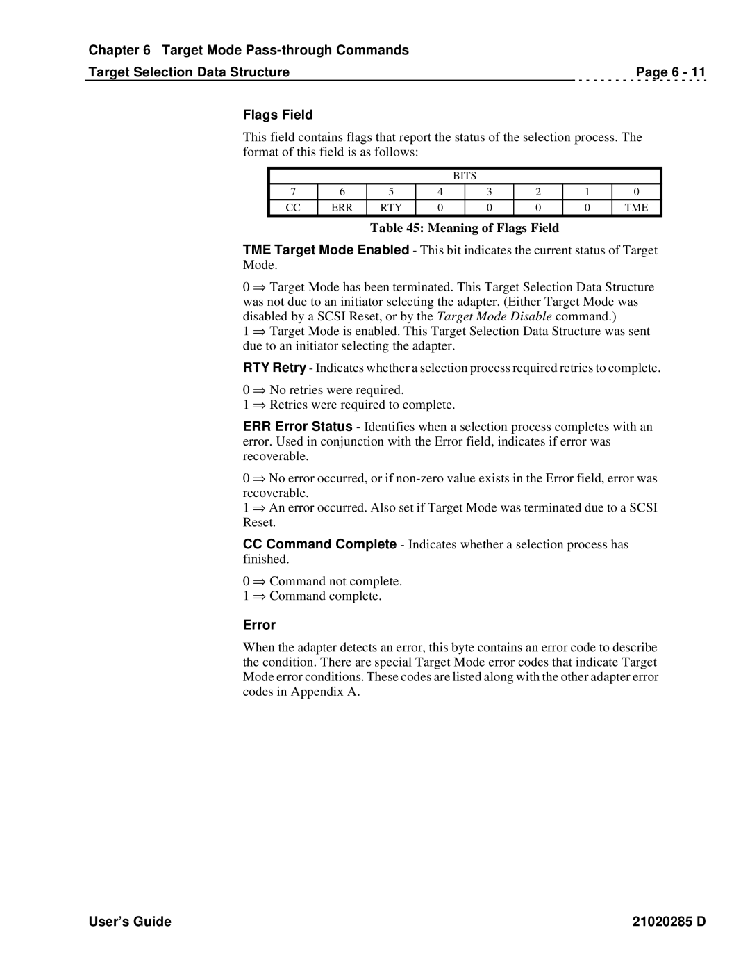 Ciprico Rimfire 3880 manual Meaning of Flags Field, Error 