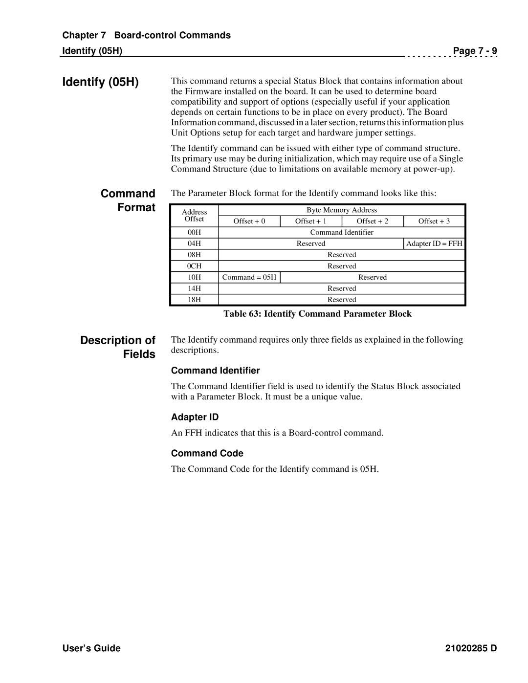 Ciprico Rimfire 3880 manual Board-control Commands Identify 05H, Identify Command Parameter Block 