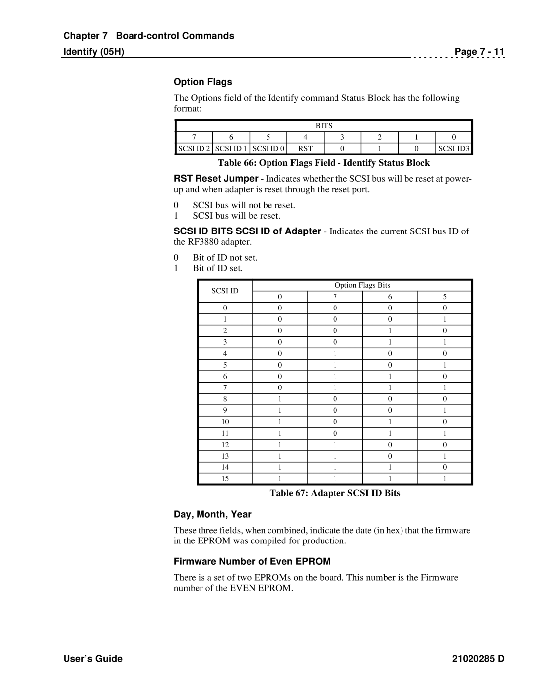 Ciprico Rimfire 3880 manual Board-control Commands Identify 05H Option Flags, Option Flags Field Identify Status Block 