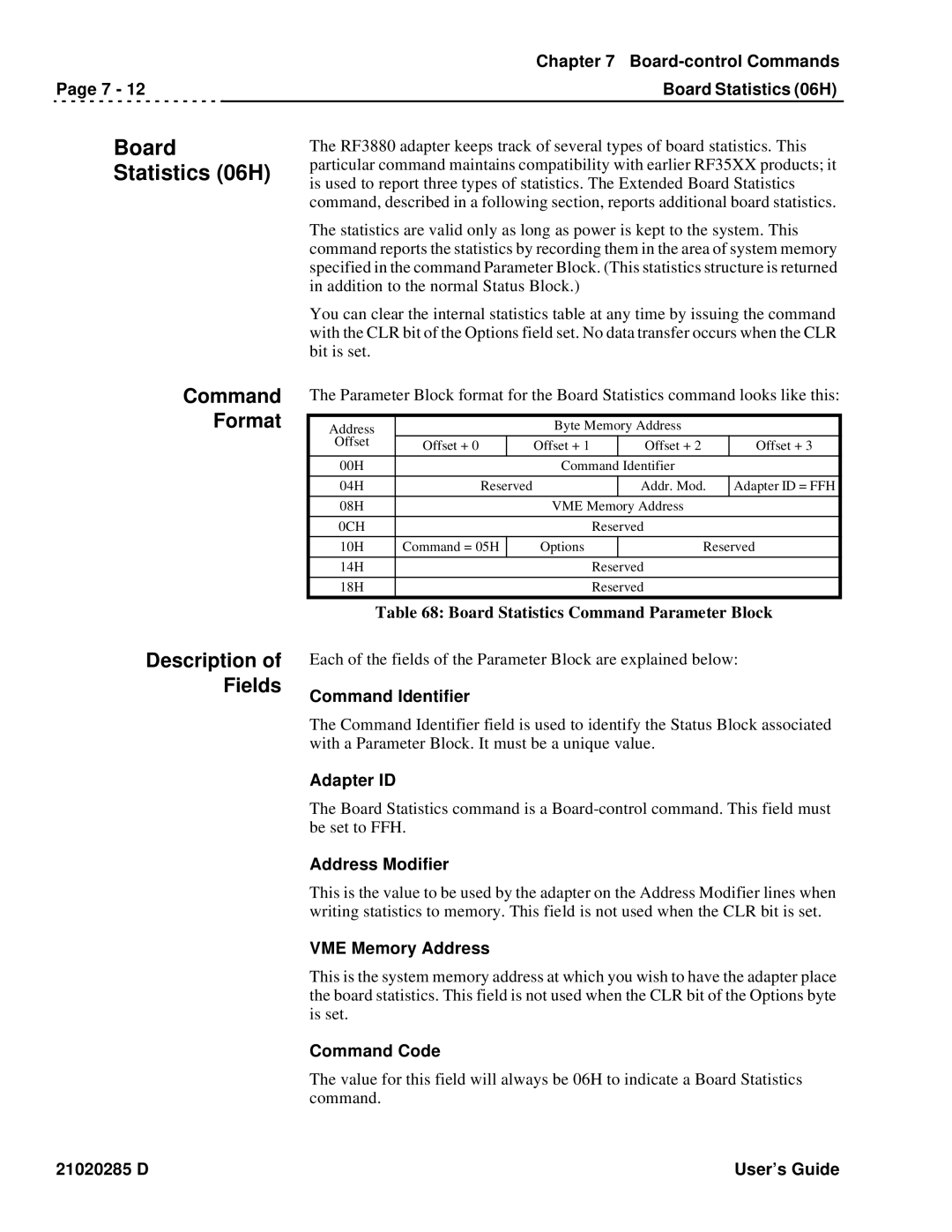 Ciprico Rimfire 3880 manual Board-control Commands Board Statistics 06H, Board Statistics Command Parameter Block 