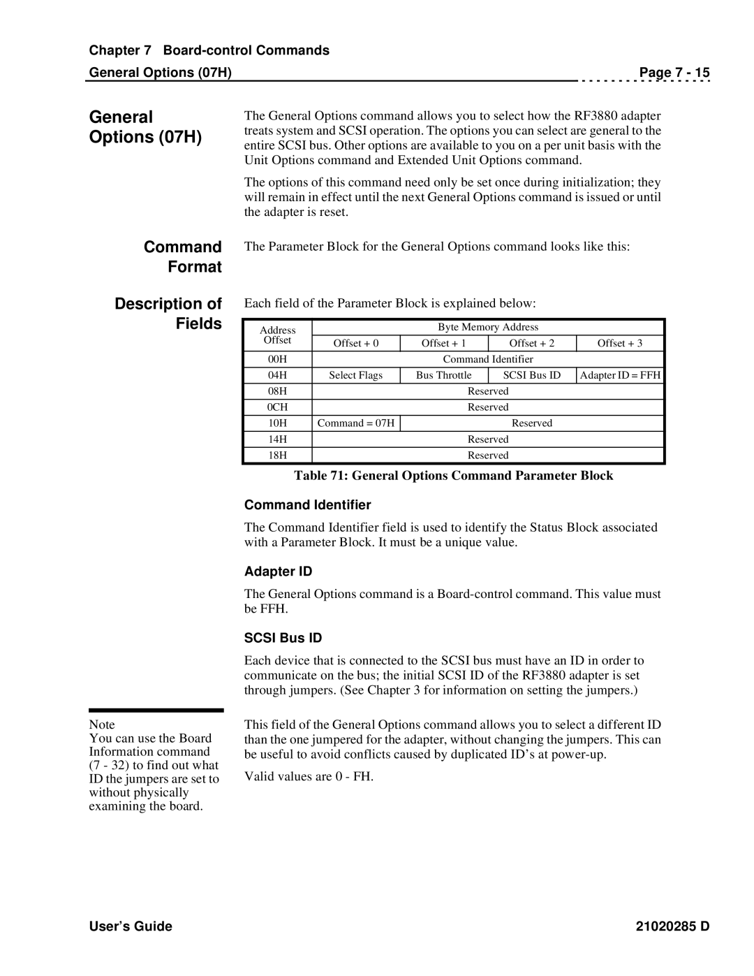 Ciprico Rimfire 3880 Command Format Description of Fields, Board-control Commands General Options 07H, Scsi Bus ID 