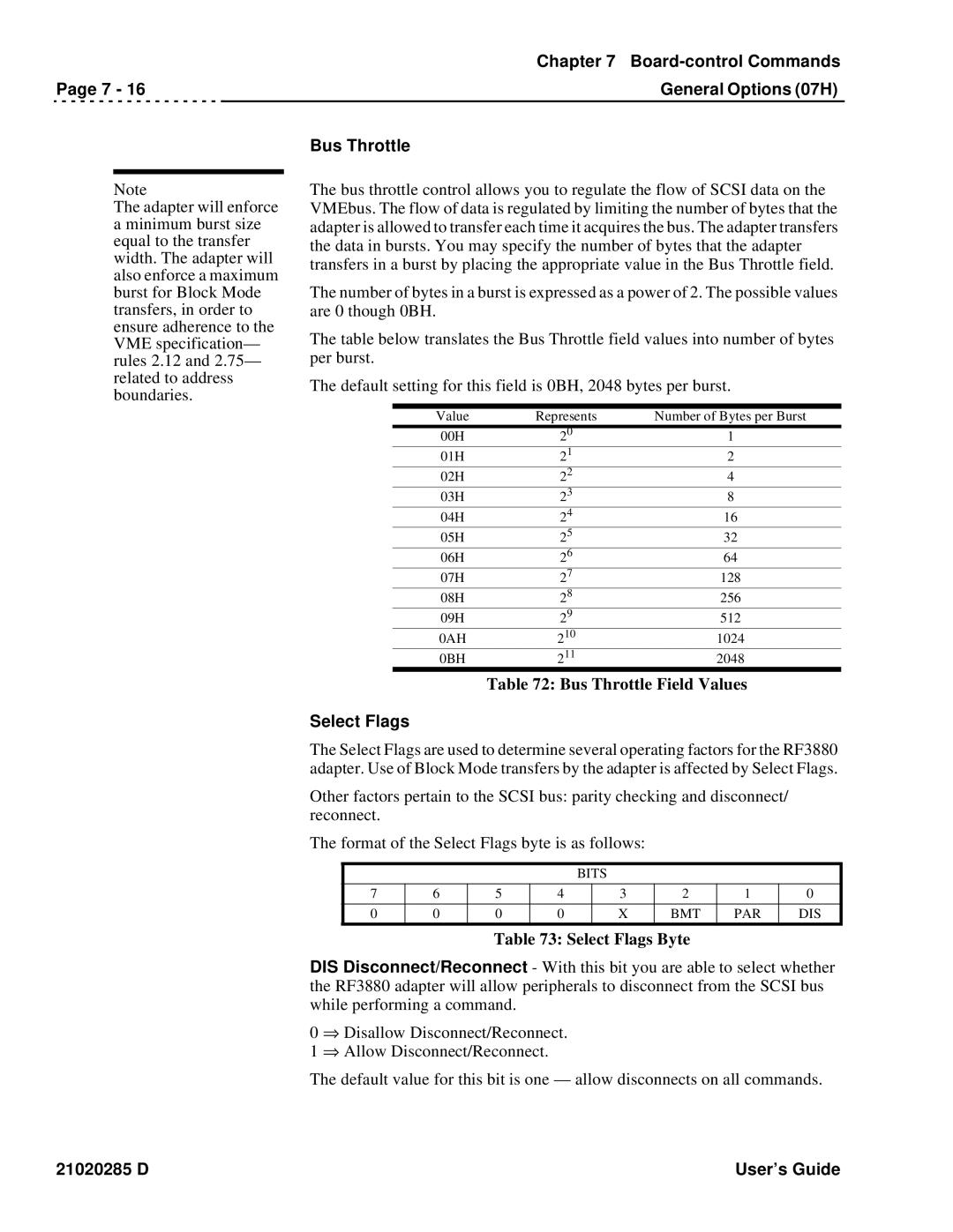 Ciprico Rimfire 3880 manual Bus Throttle Field Values, Select Flags Byte 