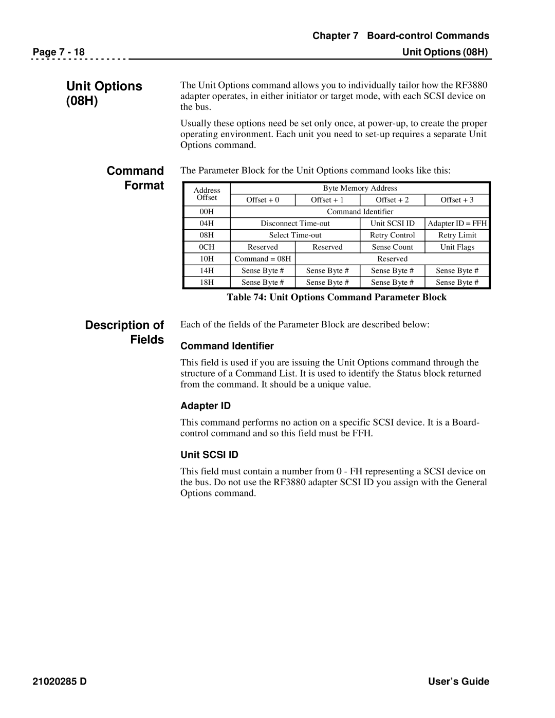 Ciprico Rimfire 3880 manual Board-control Commands Unit Options 08H, Unit Options Command Parameter Block, Unit Scsi ID 