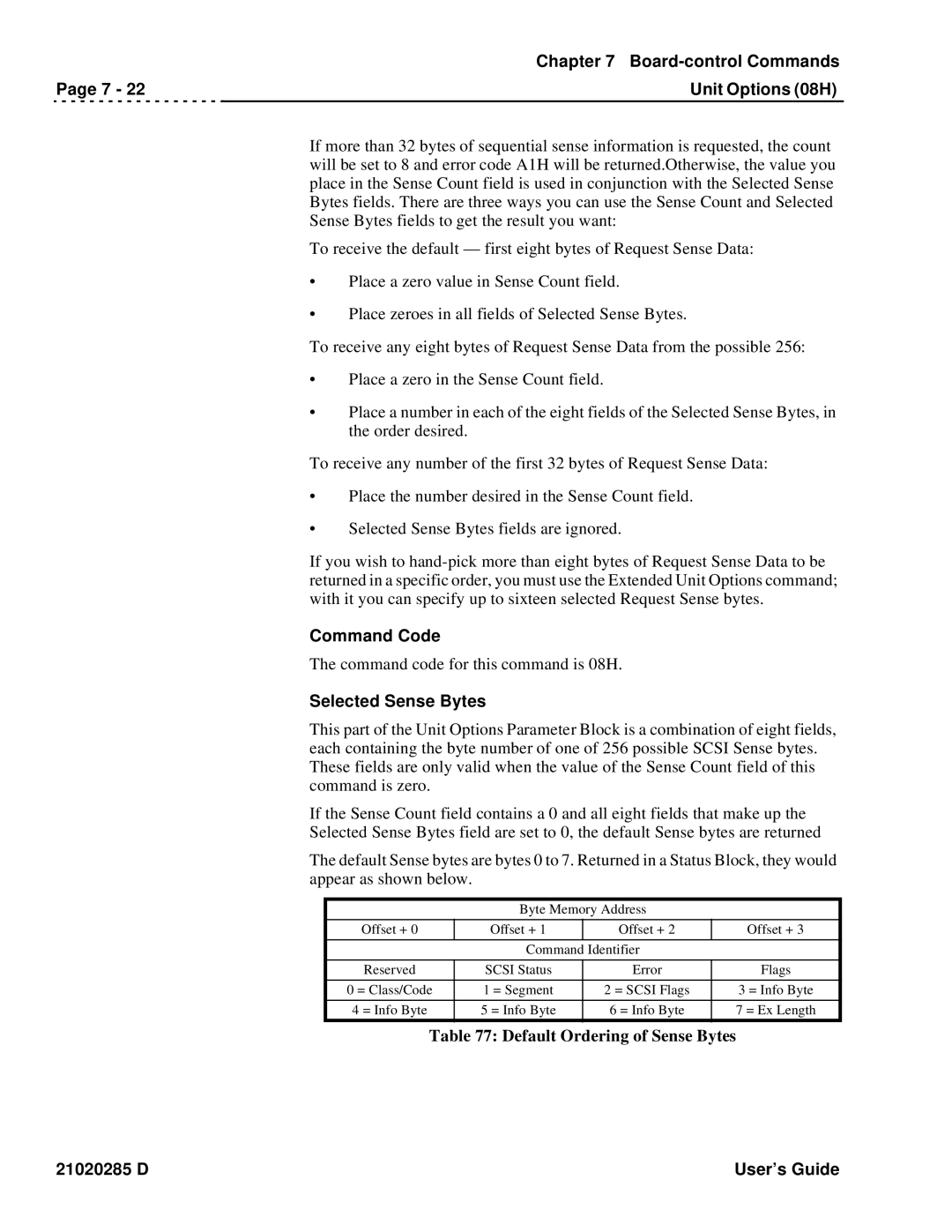 Ciprico Rimfire 3880 manual Command Code, Selected Sense Bytes 