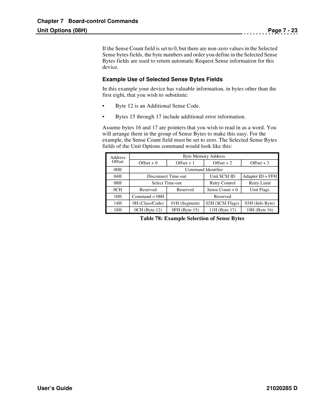 Ciprico Rimfire 3880 manual Example Use of Selected Sense Bytes Fields, Example Selection of Sense Bytes 