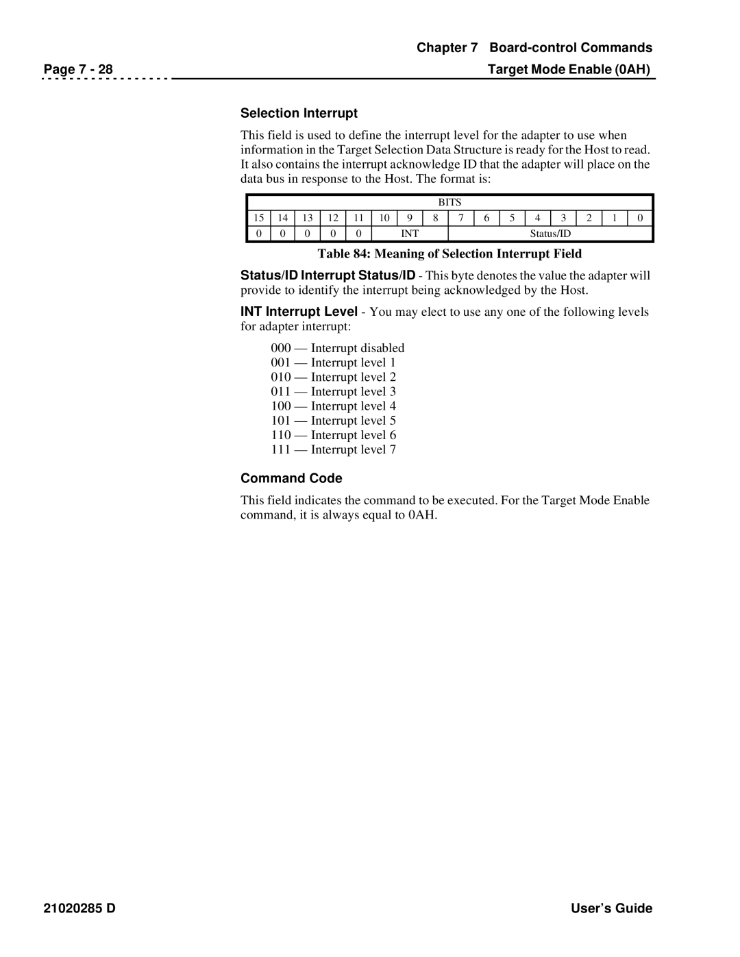 Ciprico Rimfire 3880 manual Meaning of Selection Interrupt Field, Command Code 