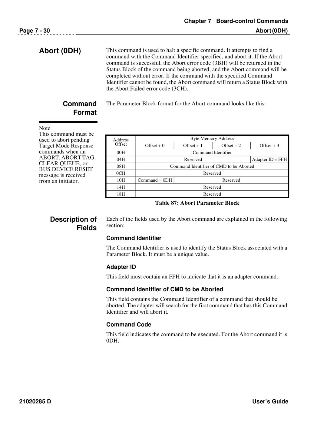 Ciprico Rimfire 3880 Board-control Commands Abort 0DH, Abort Parameter Block, Command Identifier of CMD to be Aborted 