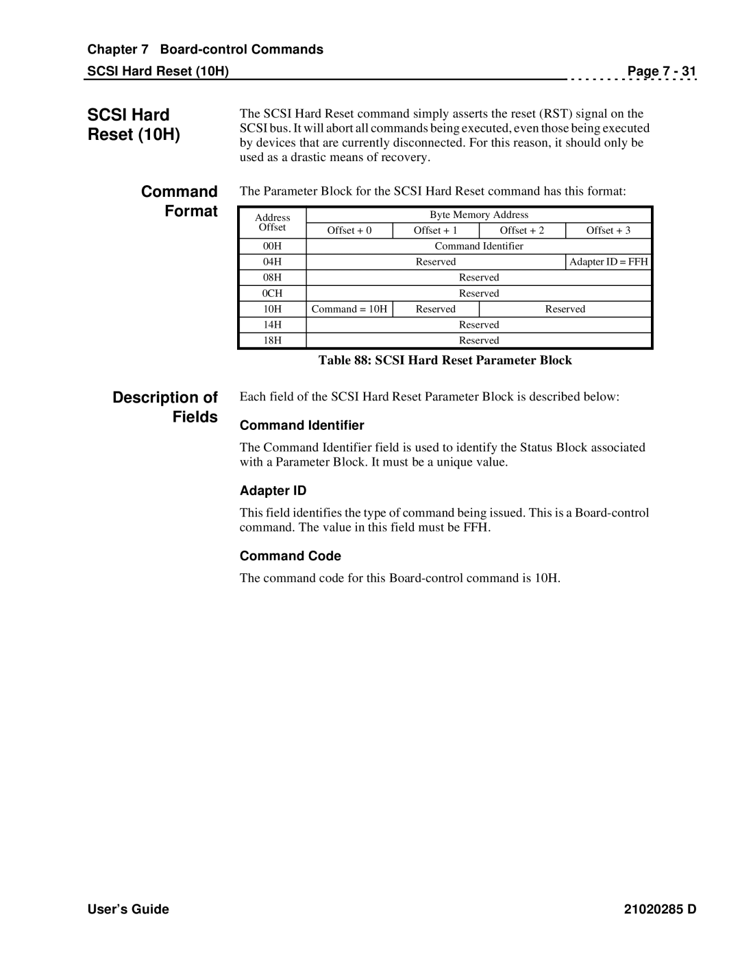 Ciprico Rimfire 3880 manual Board-control Commands Scsi Hard Reset 10H, Scsi Hard Reset Parameter Block 