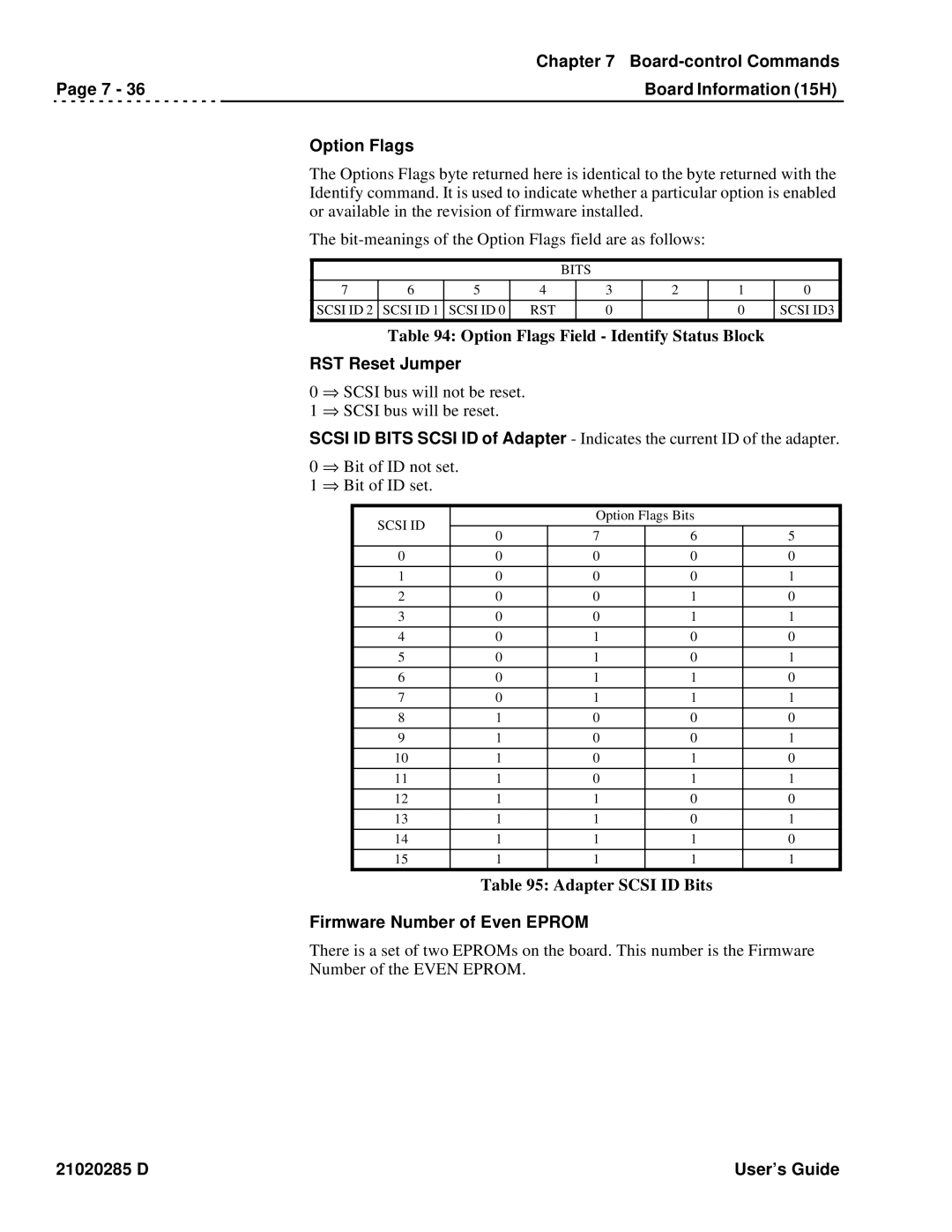 Ciprico Rimfire 3880 manual Board-control Commands Board Information 15H Option Flags, RST Reset Jumper 