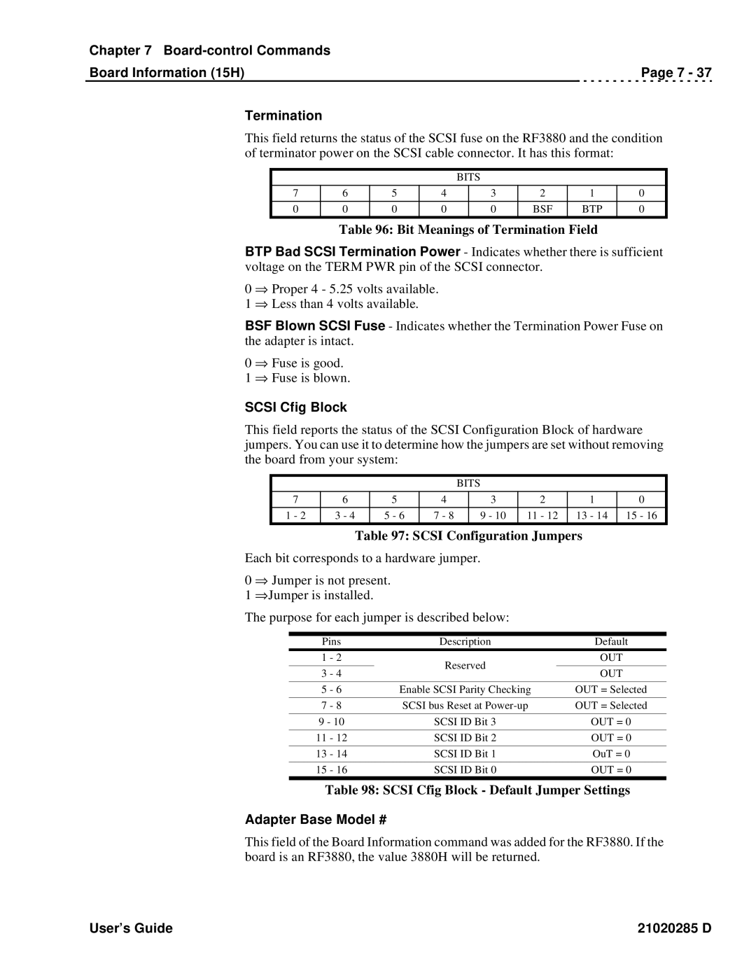 Ciprico Rimfire 3880 manual Board-control Commands Board Information 15H Termination, Scsi Cfig Block, Adapter Base Model # 