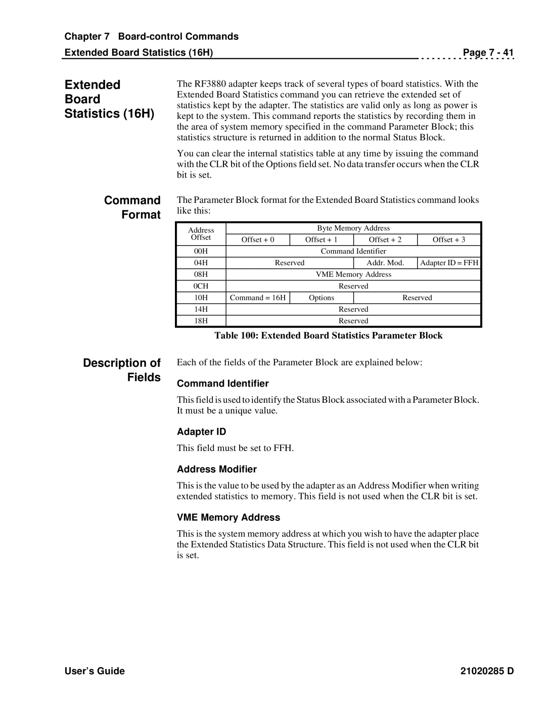 Ciprico Rimfire 3880 Board-control Commands Extended Board Statistics 16H, Extended Board Statistics Parameter Block 