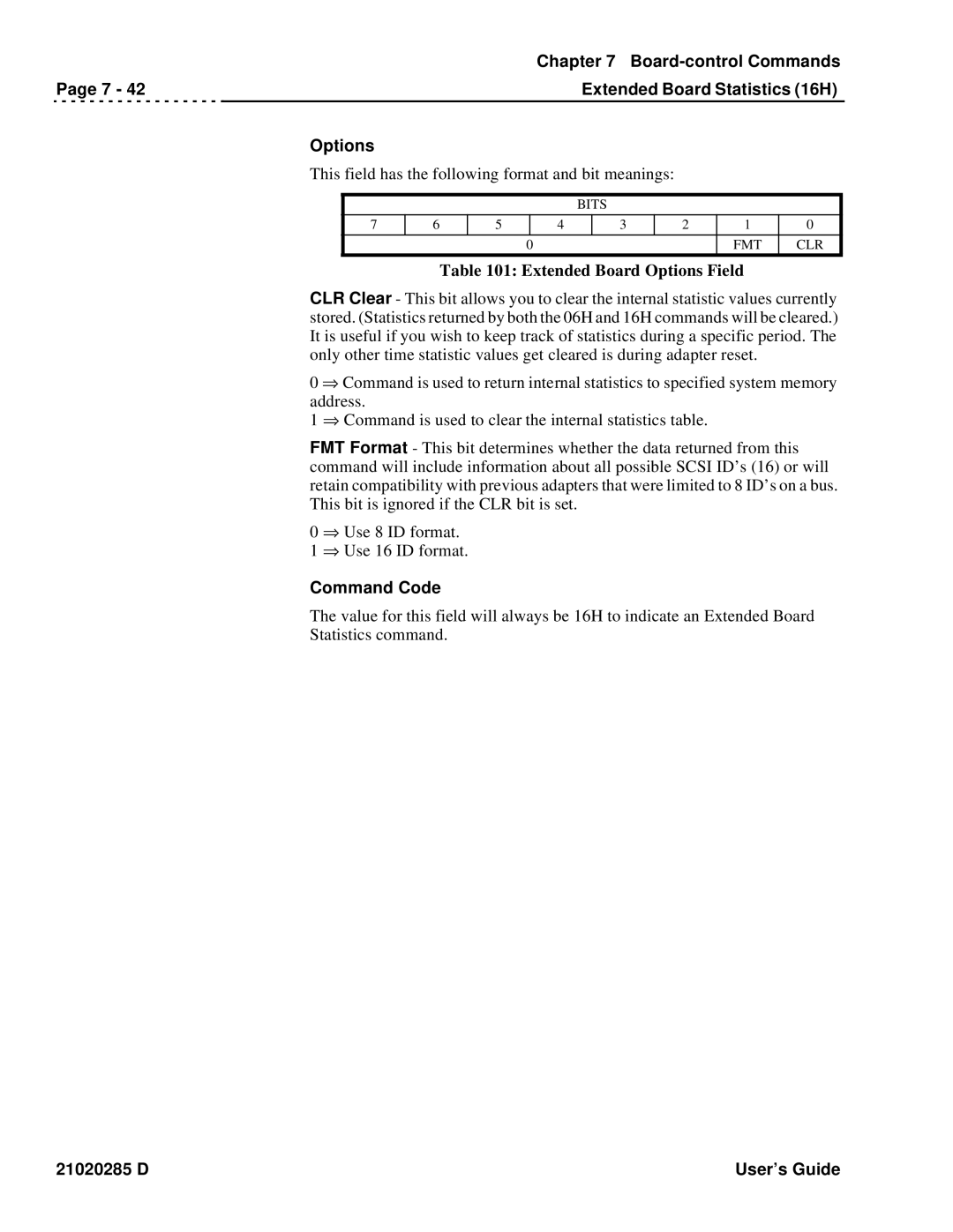 Ciprico Rimfire 3880 manual Board-control Commands Extended Board Statistics 16H Options, Extended Board Options Field 