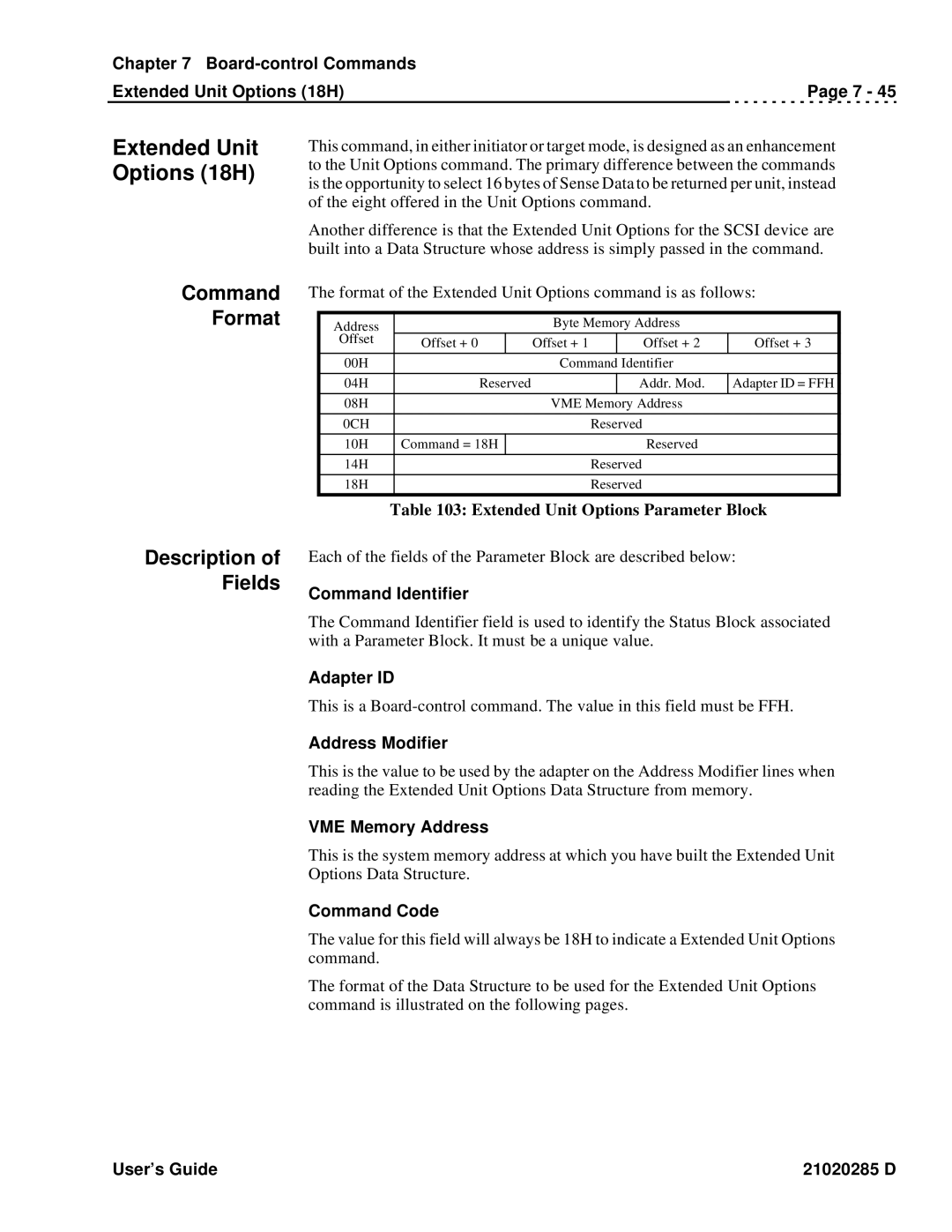 Ciprico Rimfire 3880 manual Board-control Commands Extended Unit Options 18H, Extended Unit Options Parameter Block 